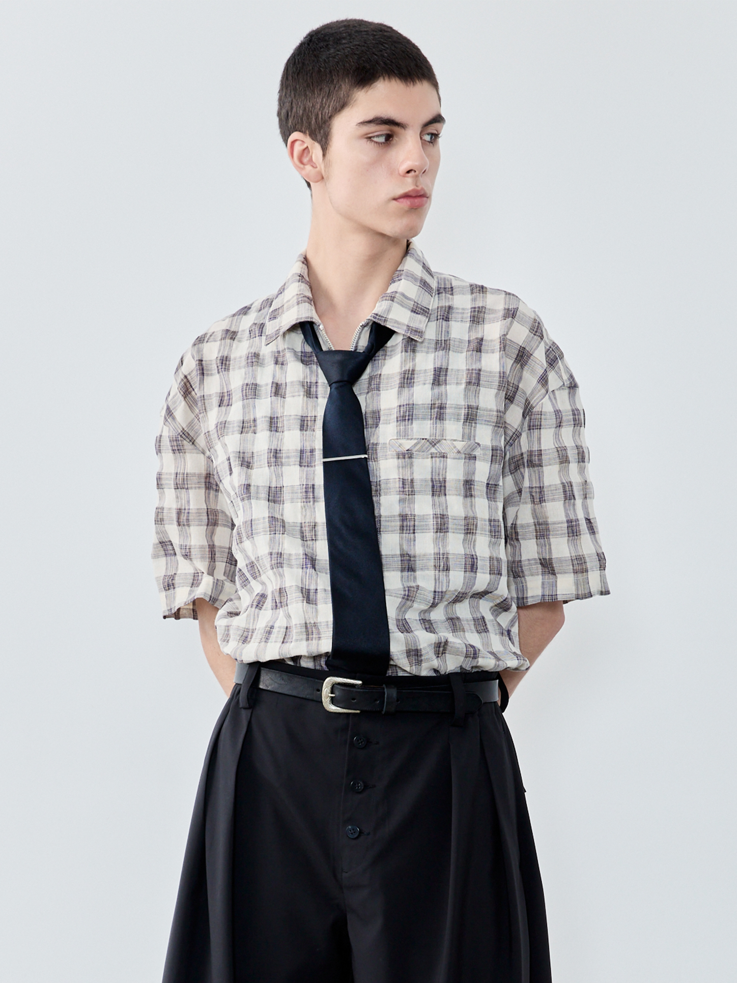 GRAINMUSTARD Retro Plaid Zip Half Shirt, premium urban and streetwear designers apparel on PROJECTISR.com, GRAINMUSTARD