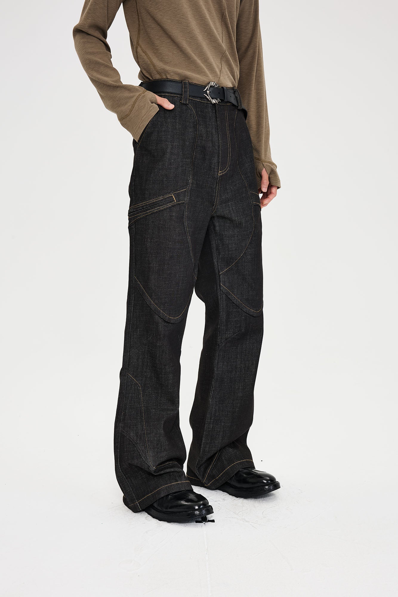 CATSSTAC Retro Curved Seam Panel Raw Jeans, premium urban and streetwear designers apparel on PROJECTISR.com, CATSSTAC