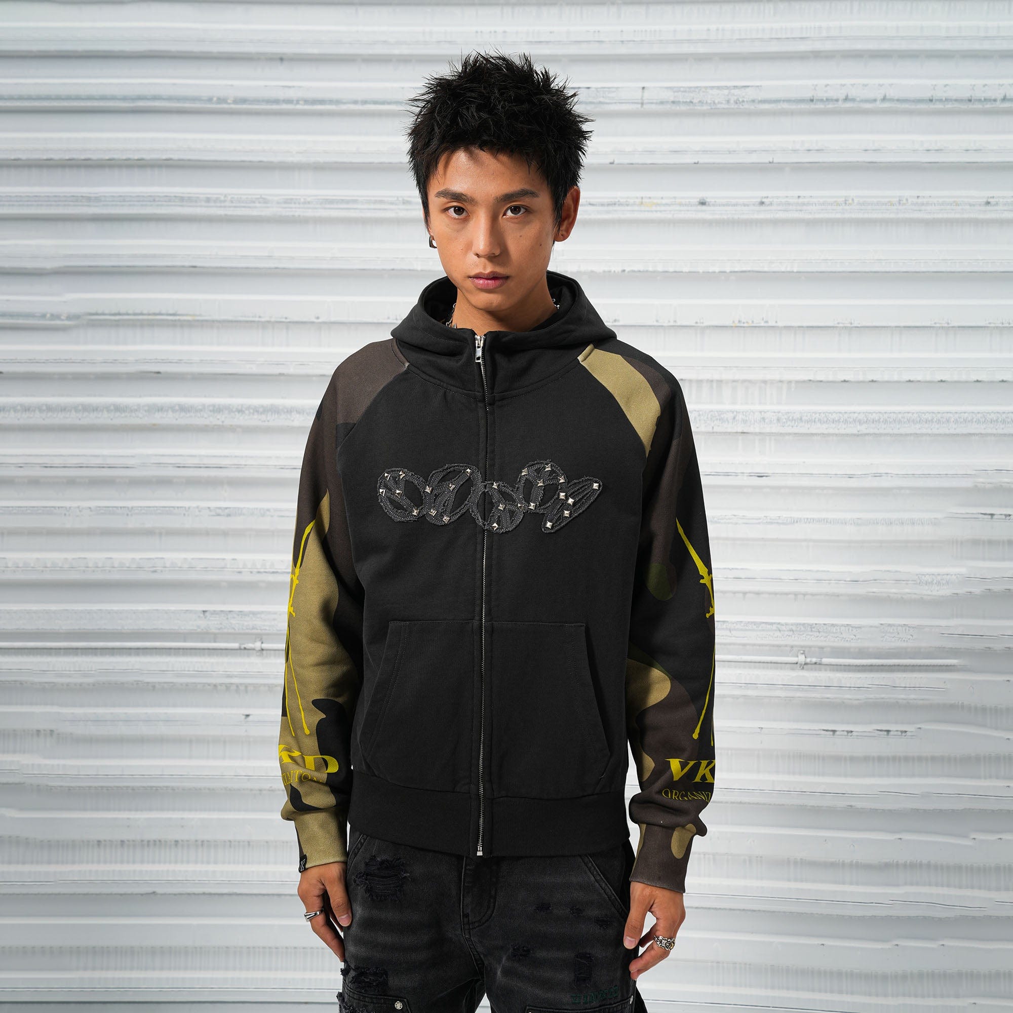 VINKID Camo Raglan Rivet Hooded Jacket, premium urban and streetwear designers apparel on PROJECTISR.com, VINKID