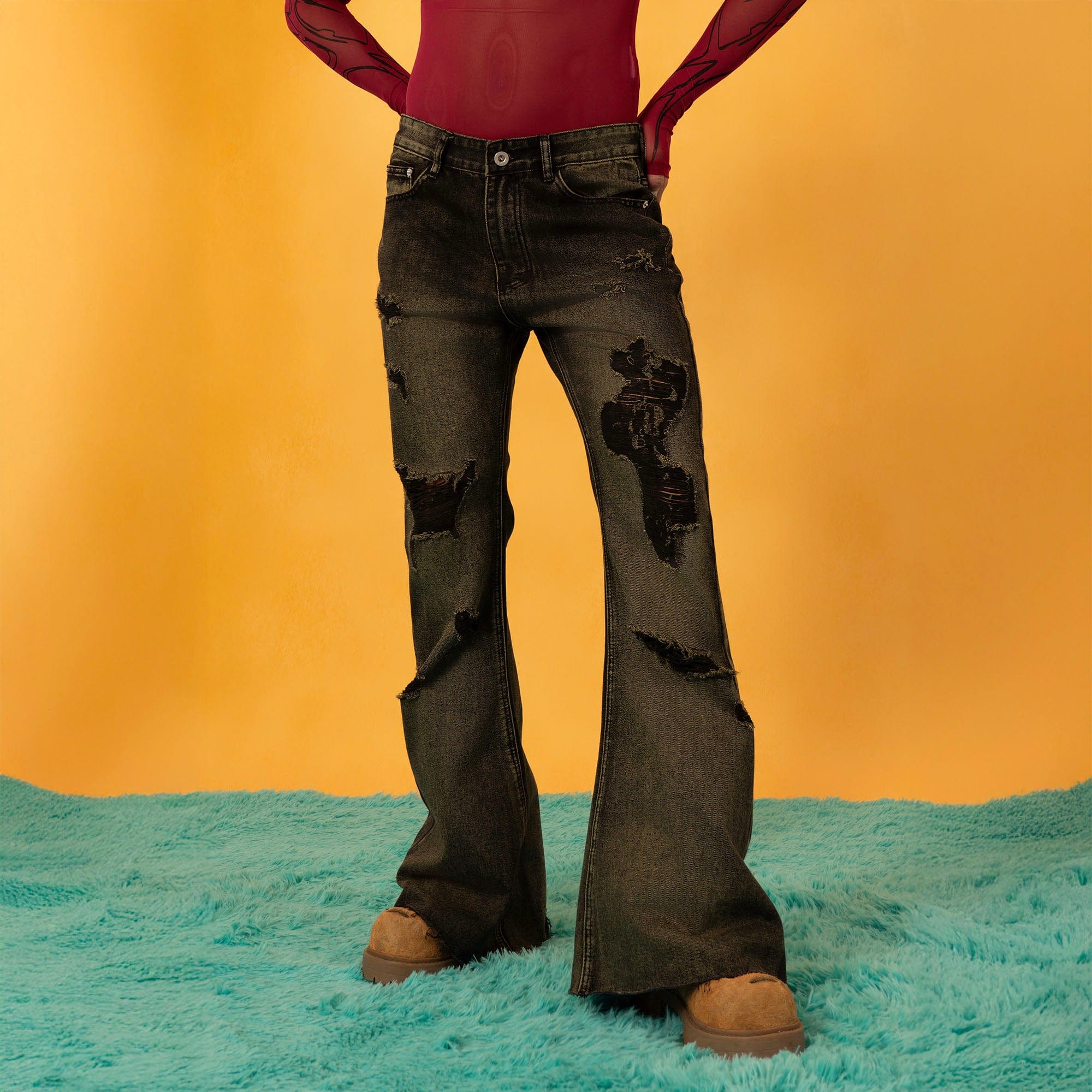 CLP Retro Distressed Ripped Flared Jeans, premium urban and streetwear designers apparel on PROJECTISR.com, CLP