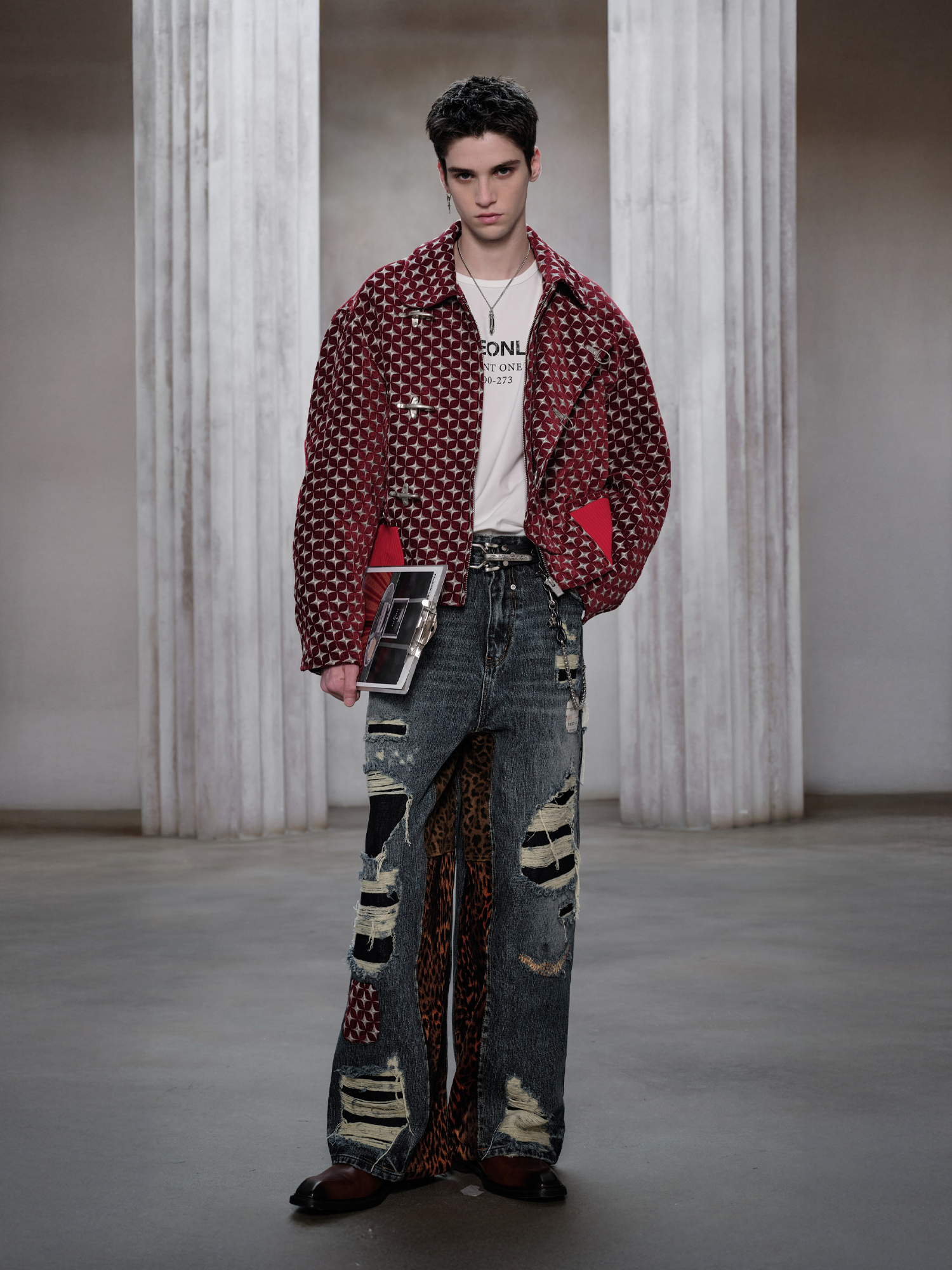 FACEONLAB Distressed Patch Leopard Paneled Jeans, premium urban and streetwear designers apparel on PROJECTISR.com, FACEONLAB