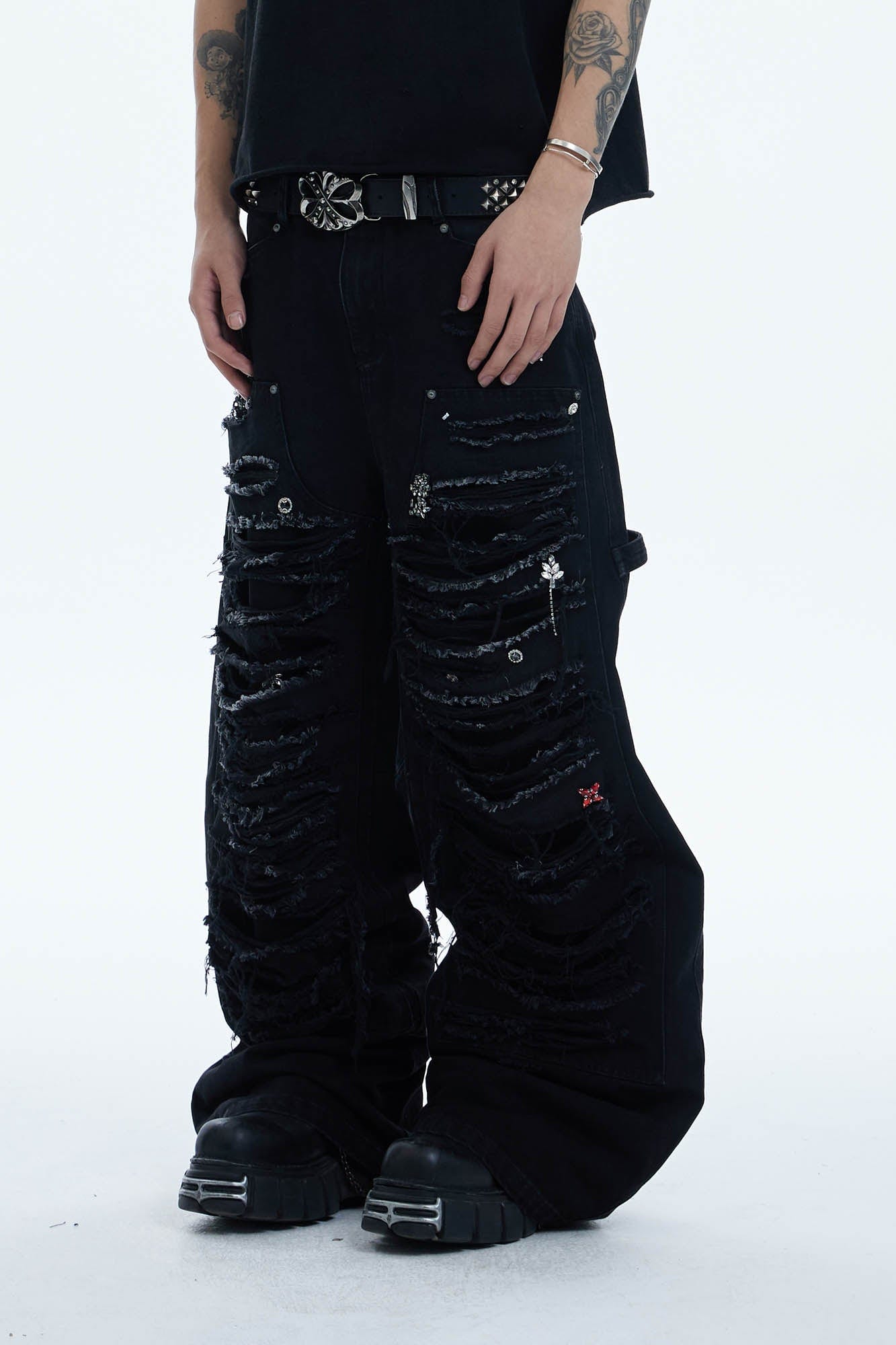 DND4DES Shredded Rivet-Paneled Baggy Jeans, premium urban and streetwear designers apparel on PROJECTISR.com, DND4DES
