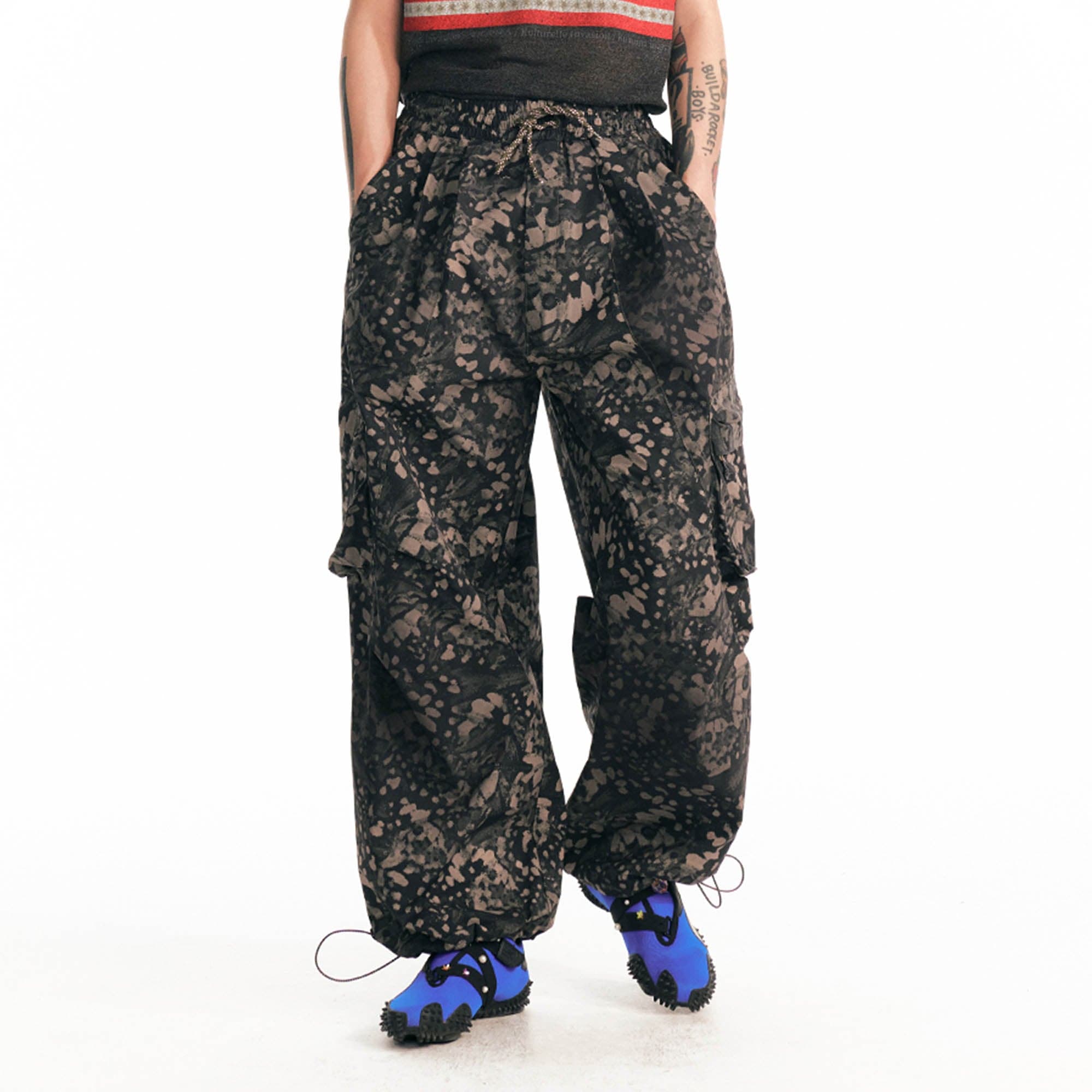 1997 POSTOFFICE Splatter Camo Crinkled Drawstring Cargo Pants, premium urban and streetwear designers apparel on PROJECTISR.com, 1997 POSTOFFICE