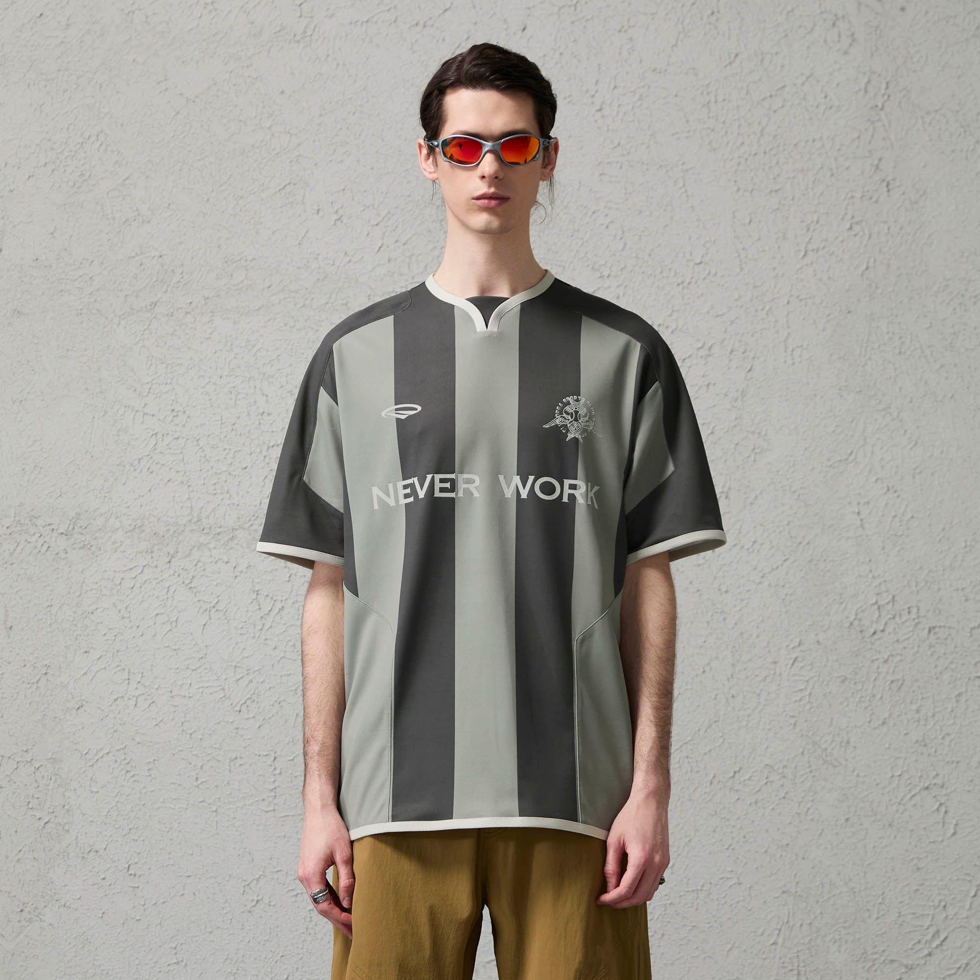 ORGANIC EMOTION Never Work Slogan Stripes Spliced Jersey, premium urban and streetwear designers apparel on PROJECTISR.com, ORGANIC EMOTION