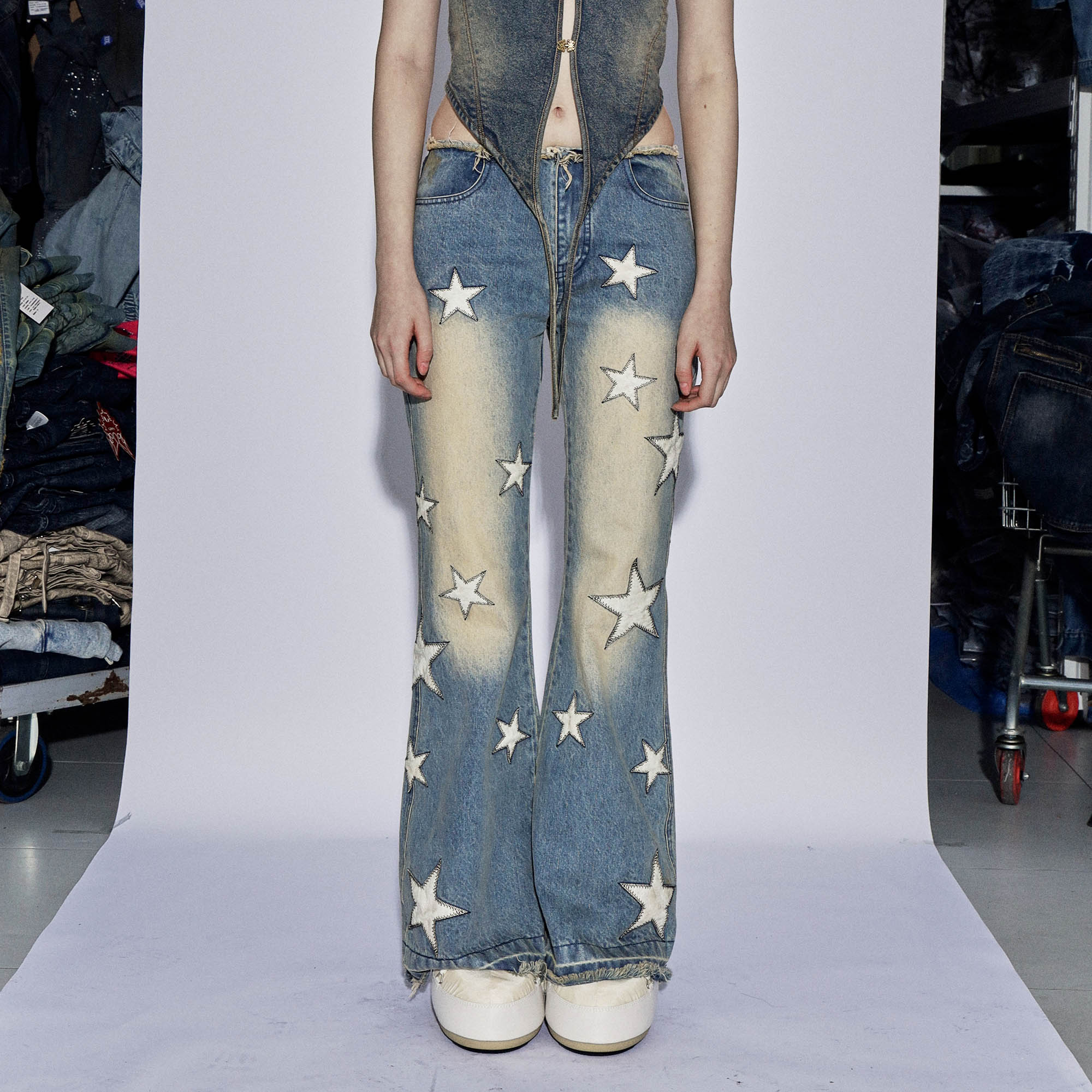 DND4DESxFaychui Starry Bleached Low-Rise Flared Jeans, premium urban and streetwear designers apparel on PROJECTISR.com, DND4DES