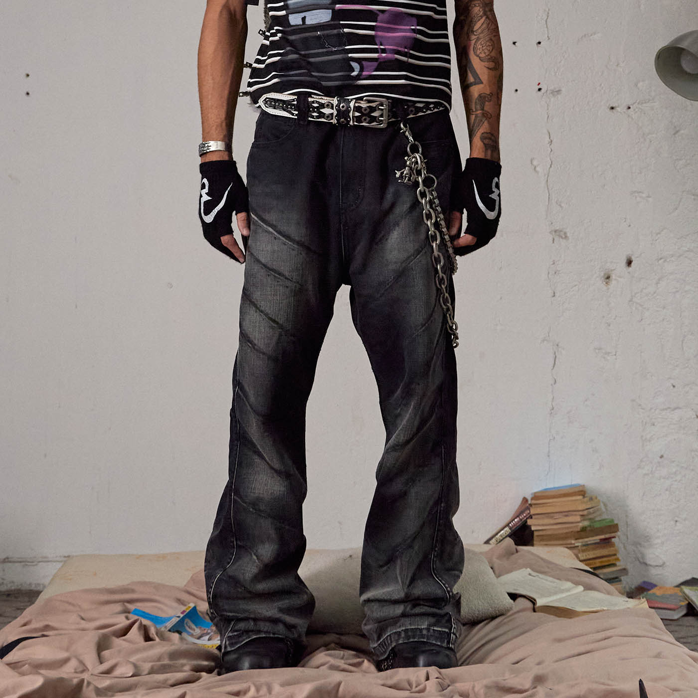 DND4DES Scratch Marks Distressed Flared Jeans Black, premium urban and streetwear designers apparel on PROJECTISR.com, DND4DES