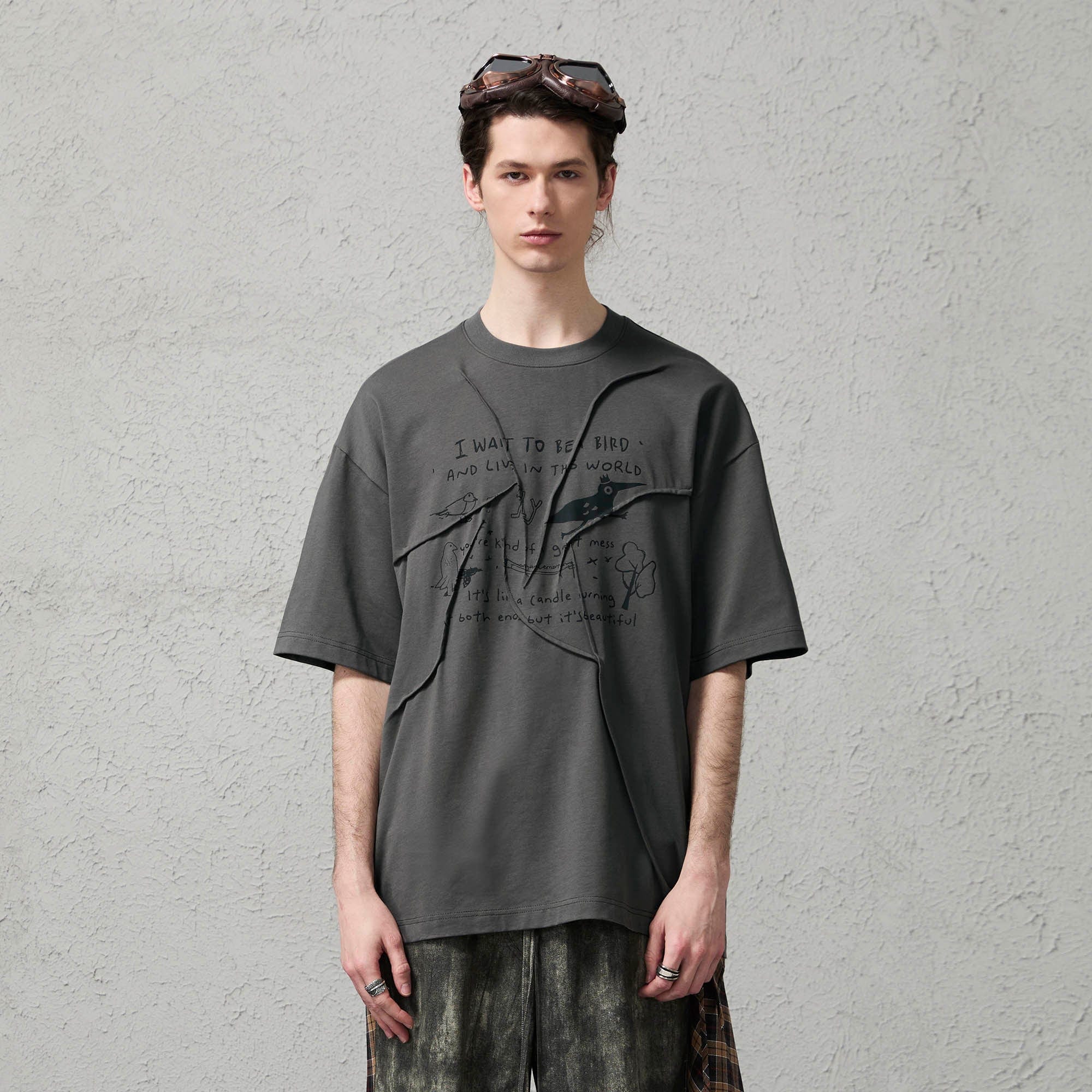 ORGANIC EMOTION Asymmetrical Pleated Script Graphic T-Shirt, premium urban and streetwear designers apparel on PROJECTISR.com, ORGANIC EMOTION
