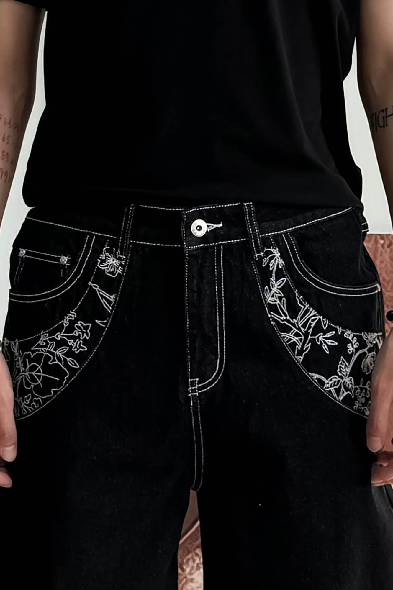 KREATE Floral Embroidered Spliced Wide-Leg Jeans, premium urban and streetwear designers apparel on PROJECTISR.com, KREATE