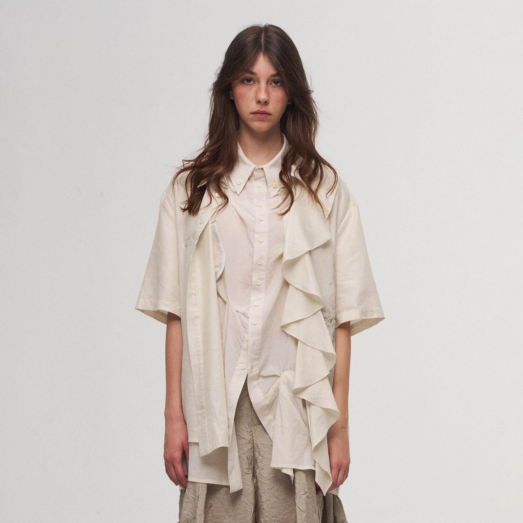 ILNya Nieternite Nifutur Asymmetrical Ruffle Iris Half Shirt, premium urban and streetwear designers apparel on PROJECTISR.com, ILNya Nieternite Nifutur