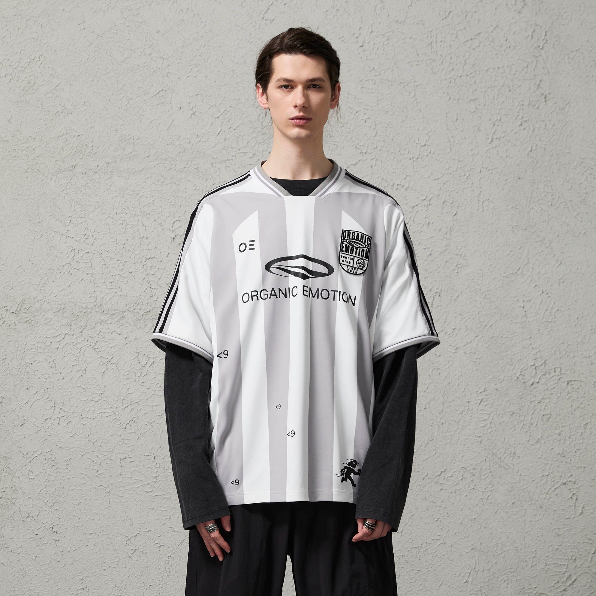 ORGANIC EMOTION Striped Badge Graphics Soccer Jersey, premium urban and streetwear designers apparel on PROJECTISR.com, ORGANIC EMOTION