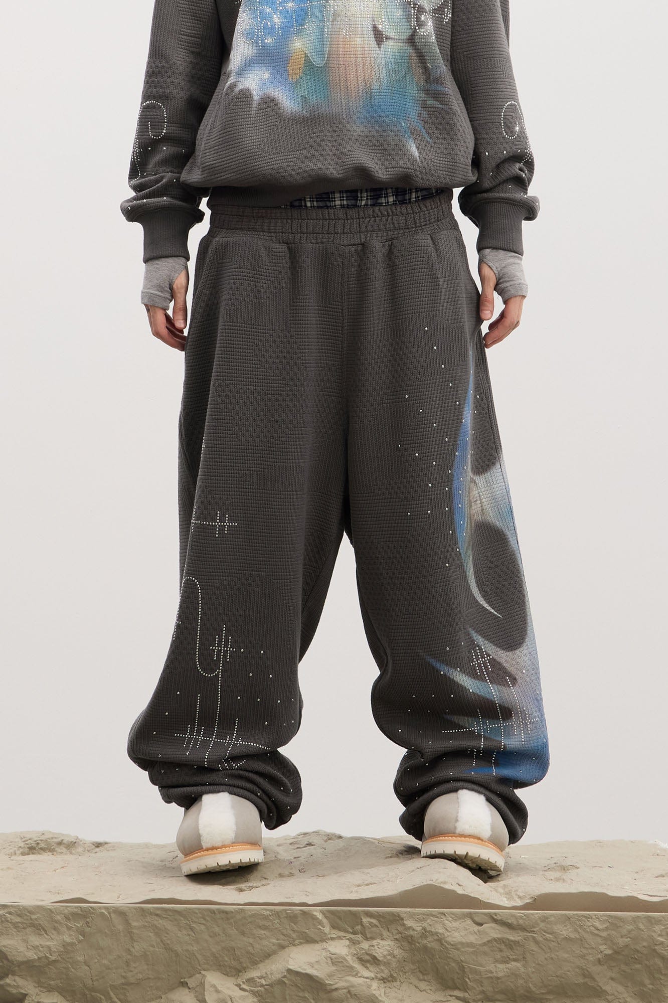 DND4DES Virgin Mary Graphic Rhinestone Sweatpants, premium urban and streetwear designers apparel on PROJECTISR.com, DND4DES