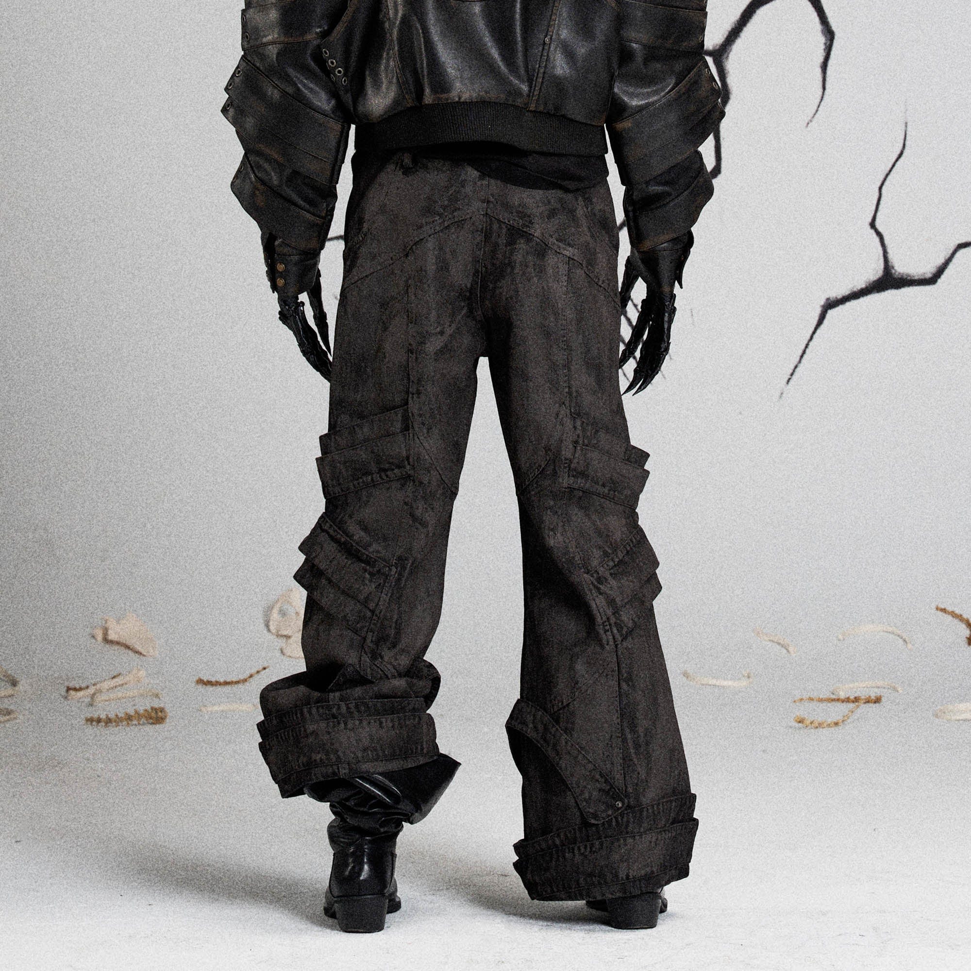 FLYERRER Mutation Layered Strap Distressed Wide-Leg Pants, premium urban and streetwear designers apparel on PROJECTISR.com, FLYERRER