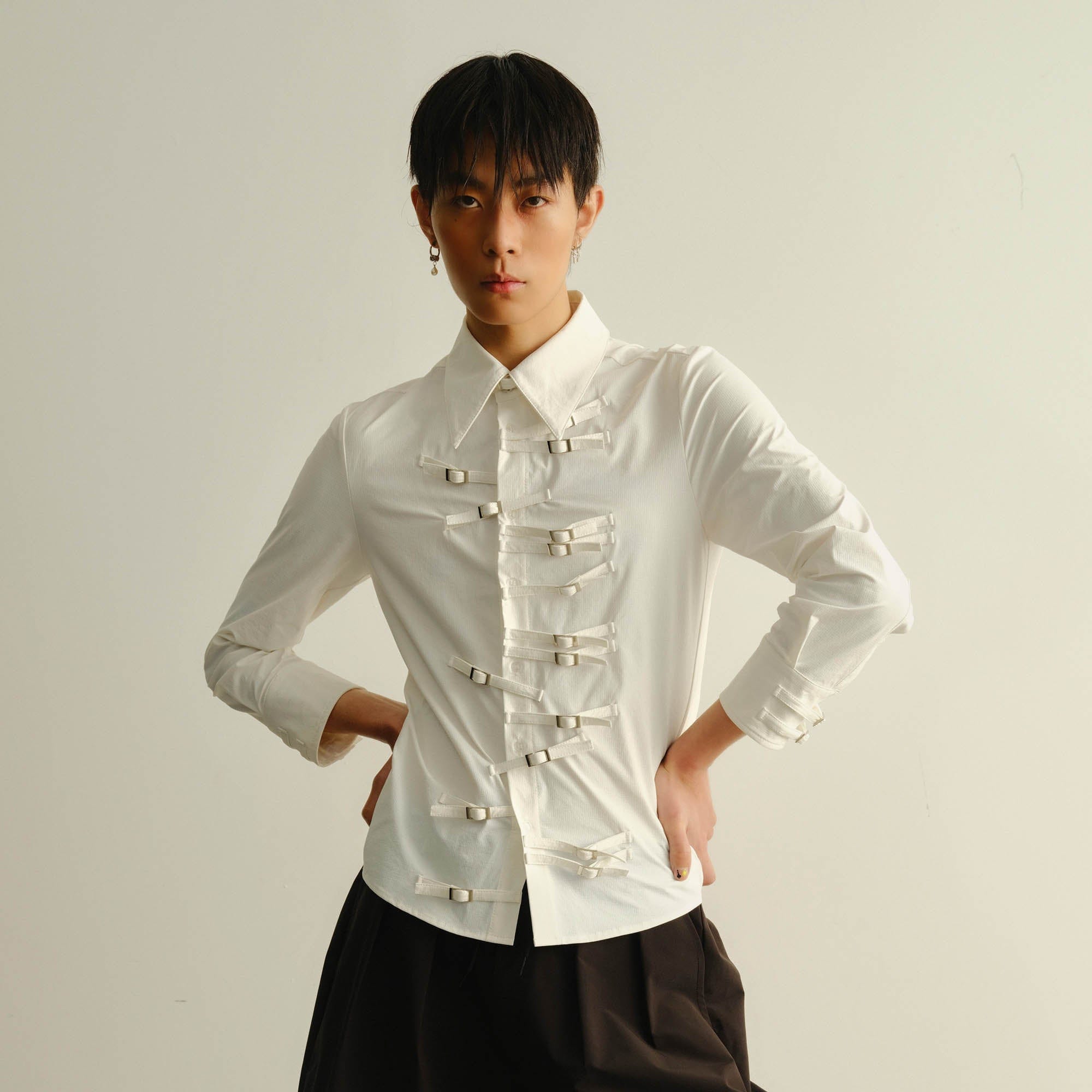 KADAKADA Asymmetrical Multi-Buckle Tailored Fit Shirt, premium urban and streetwear designers apparel on PROJECTISR.com, KADAKADA