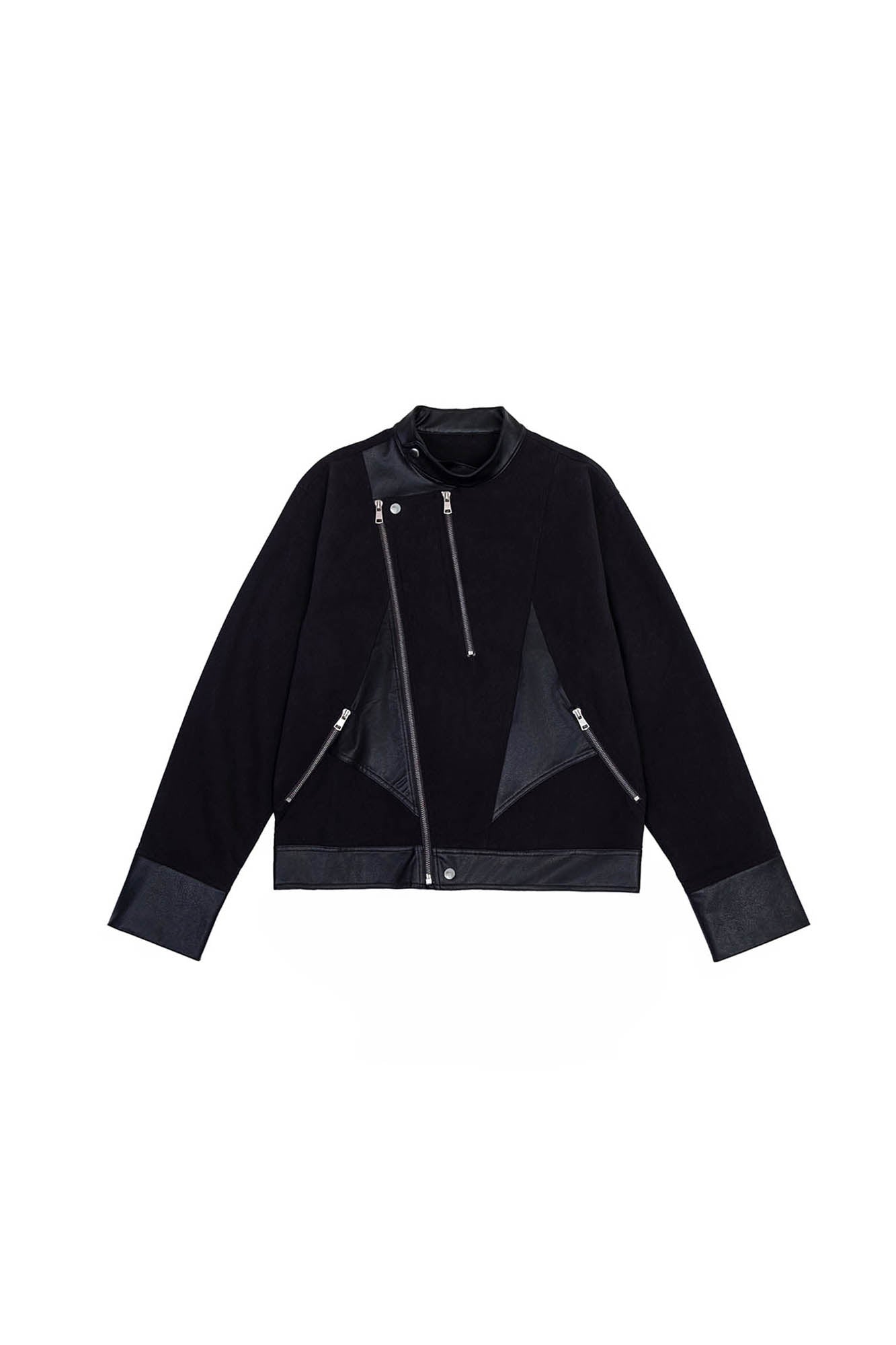 IN EXISTENCE Multi-Zip Asymmetrical Spliced Leather Biker Jacket, premium urban and streetwear designers apparel on PROJECTISR.com, IN EXISTENCE