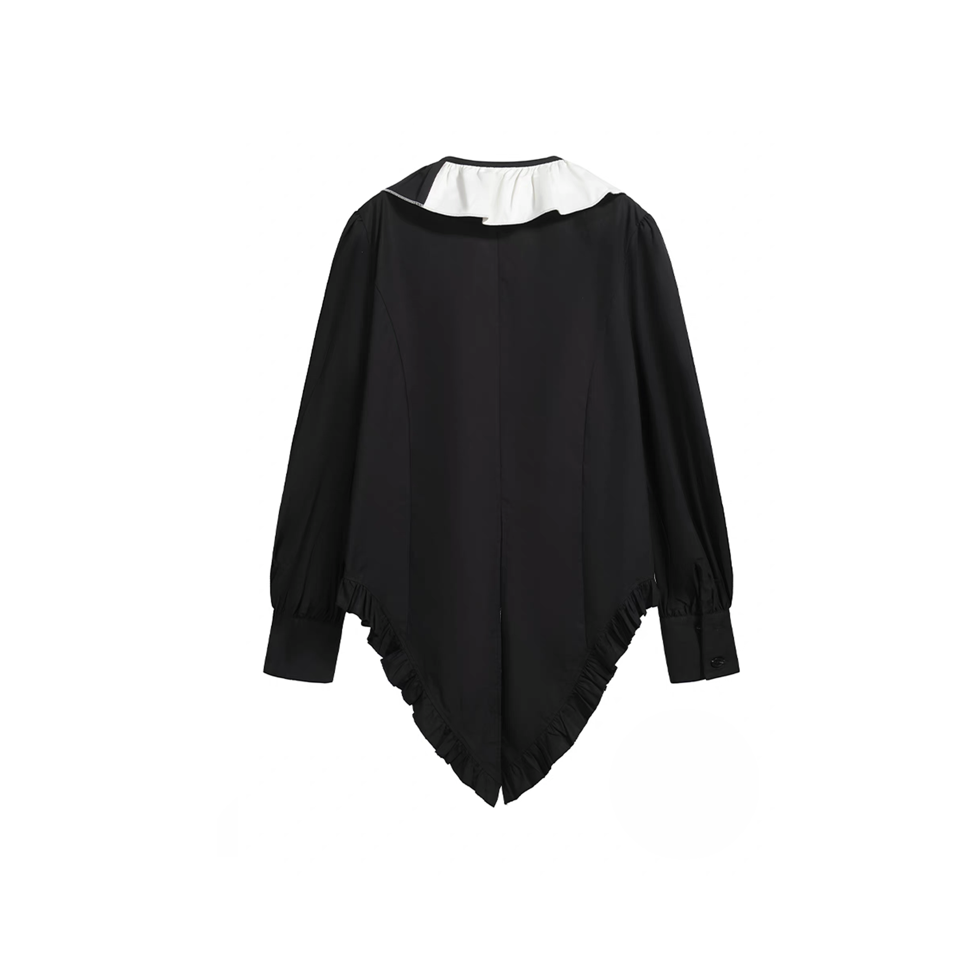 NOTHINGNESS WORLD Ruffle Bib Handkerchief-Hem Oversized Shirt, premium urban and streetwear designers apparel on PROJECTISR.com, NOTHINGNESS WORLD