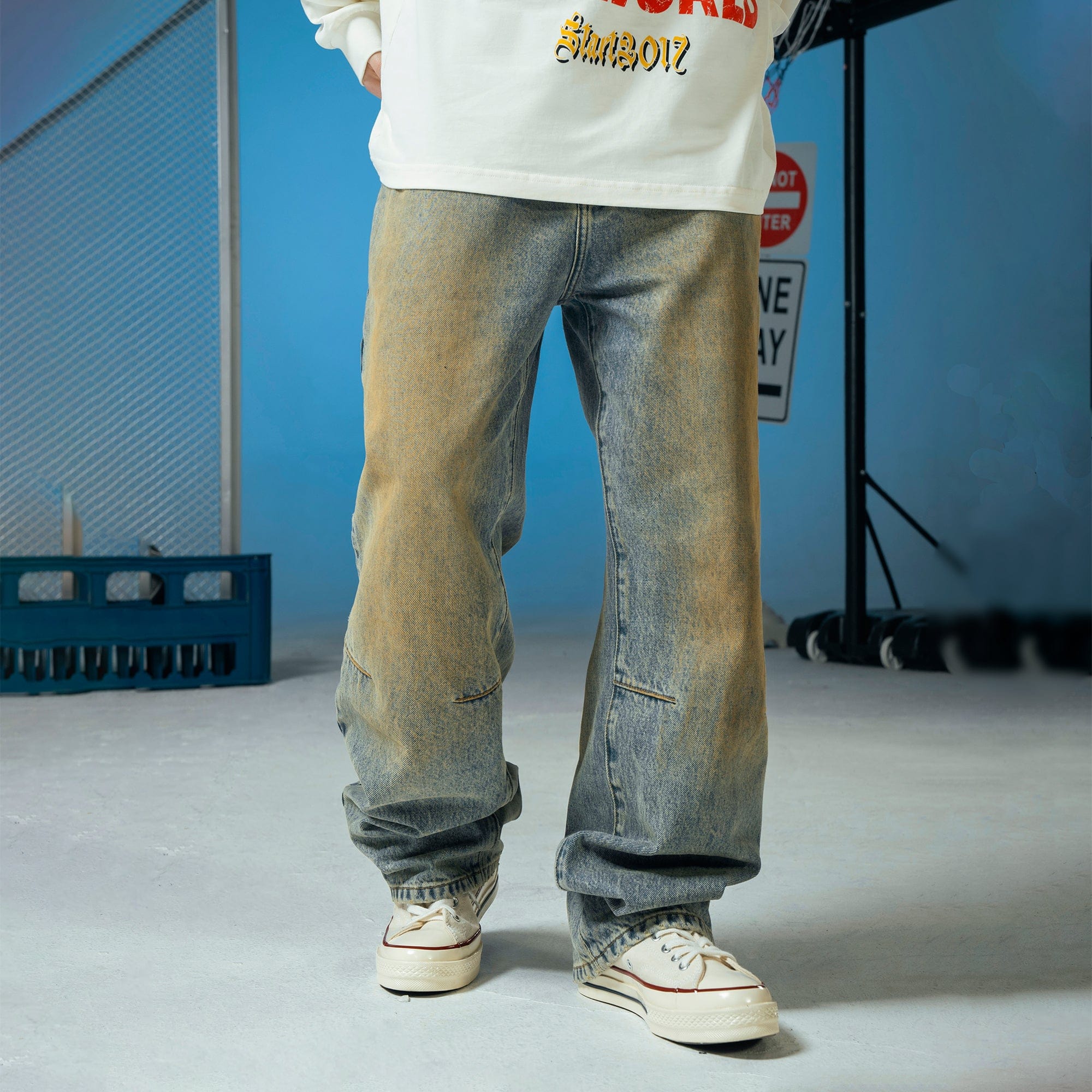 MAKEMORE Classic Acid Washed Crinkled Jeans, premium urban and streetwear designers apparel on PROJECTISR.com, MAKEMORE