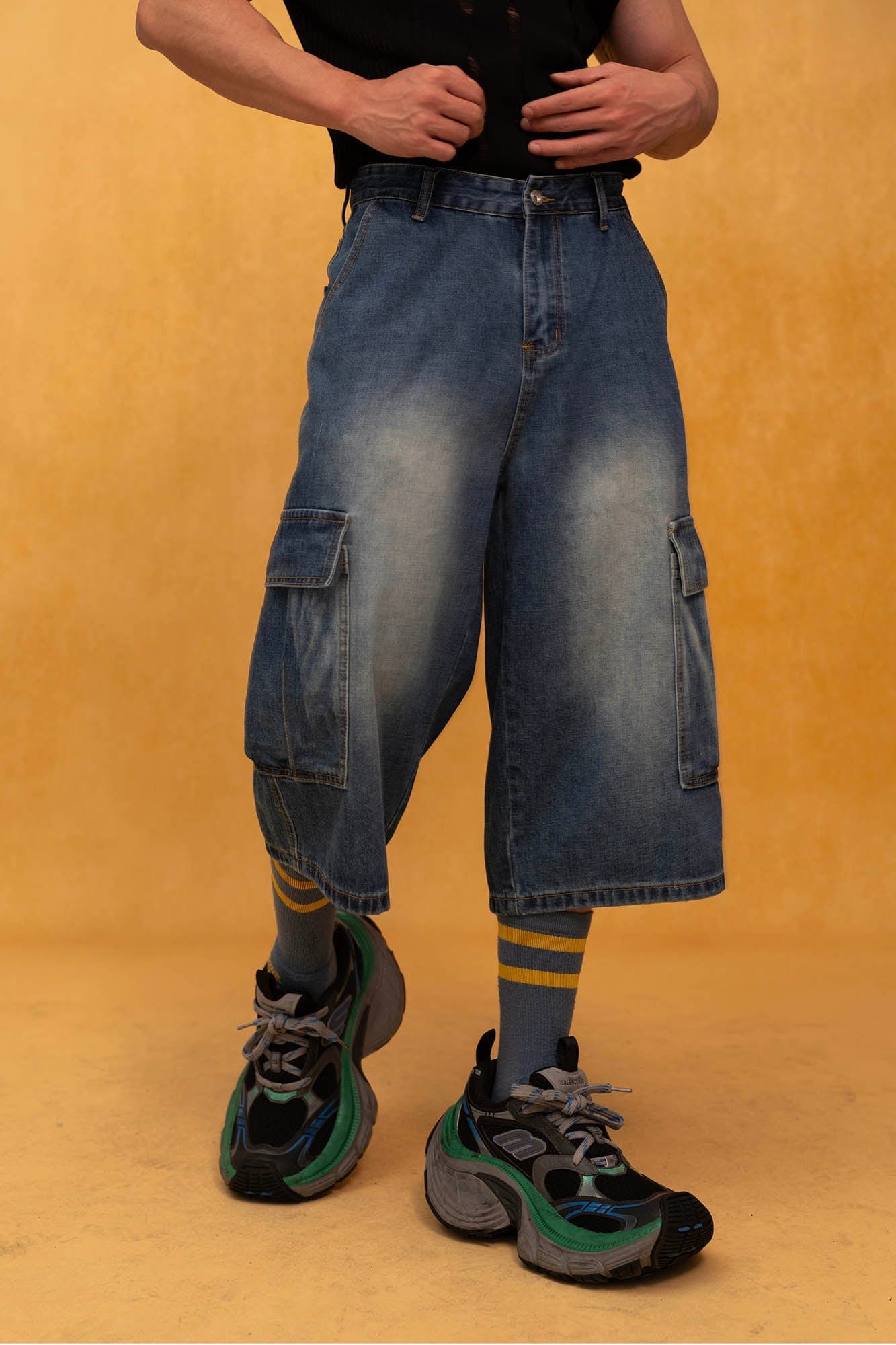 CLP Retro Multi-Pocket Knee-Length Denim Shorts, premium urban and streetwear designers apparel on PROJECTISR.com, CLP