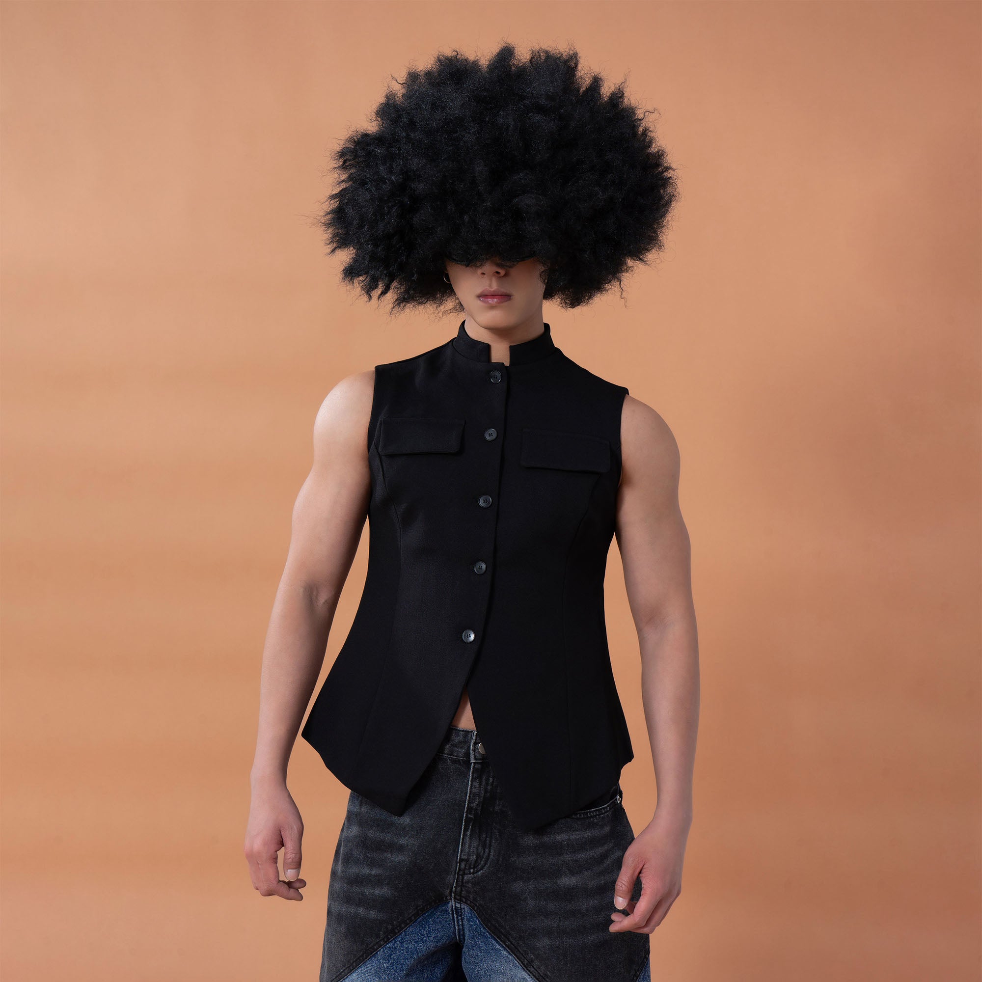 CLP Mandarin-Collar Curved-Placket Button Vest, premium urban and streetwear designers apparel on PROJECTISR.com, CLP