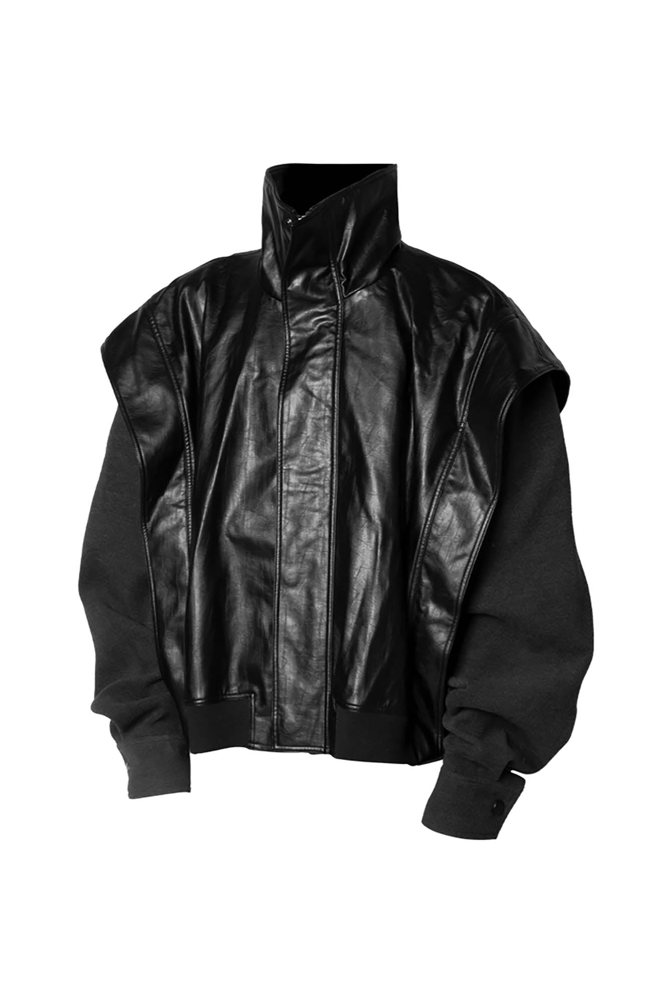 RELABEL Deconstructed Spliced Stand-Collar Faux Leather Jacket, premium urban and streetwear designers apparel on PROJECTISR.com, RELABEL