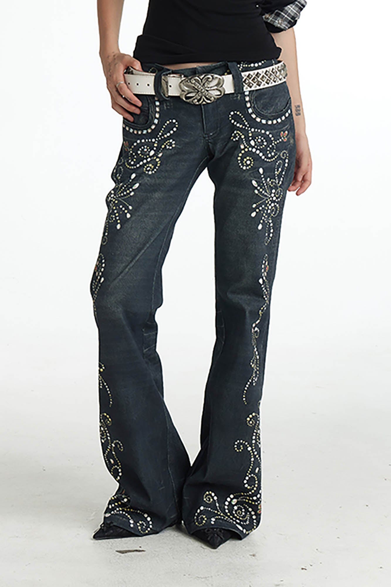 DND4DES Retro Gemstone Graphics Flared Jeans, premium urban and streetwear designers apparel on PROJECTISR.com, DND4DES