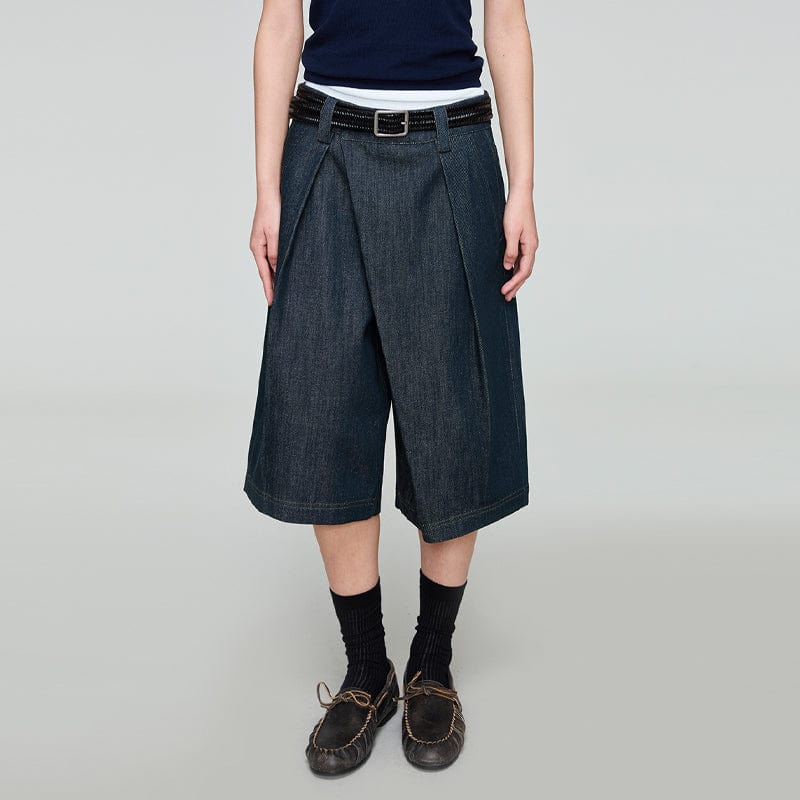OPICLOTH Washed Asymmetric Fly Pleated Denim Shorts, premium urban and streetwear designers apparel on PROJECTISR.com, OPICLOTH