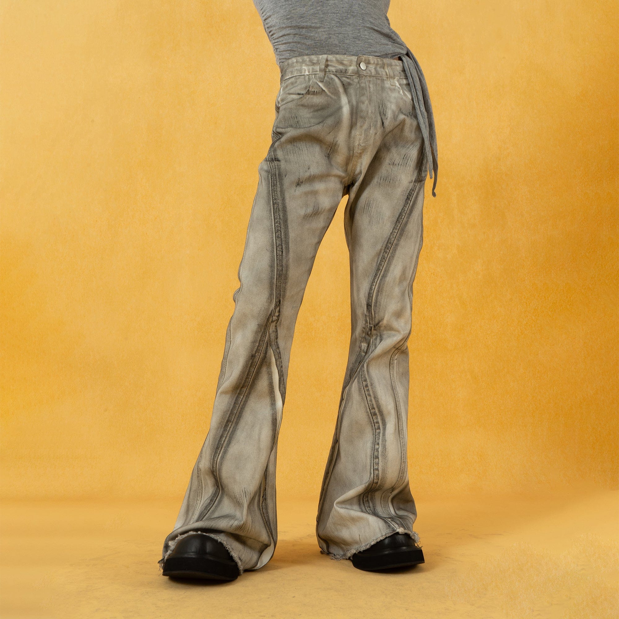 CLP Spliced Distressed Raw Edge Flared Jeans, premium urban and streetwear designers apparel on PROJECTISR.com, CLP