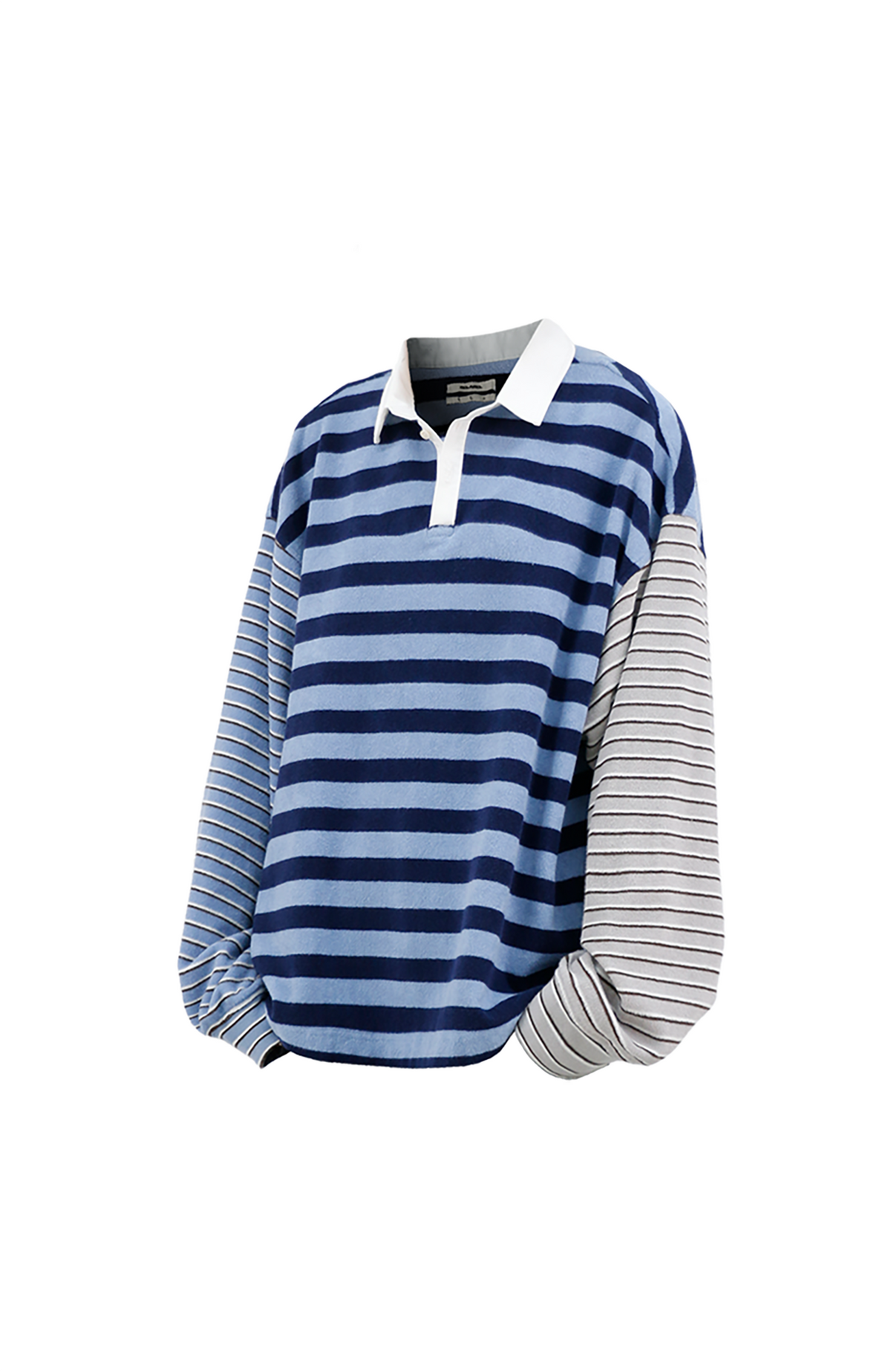 RELABEL Asymmetrical Striped Spliced Polo Long-Sleeve Tee