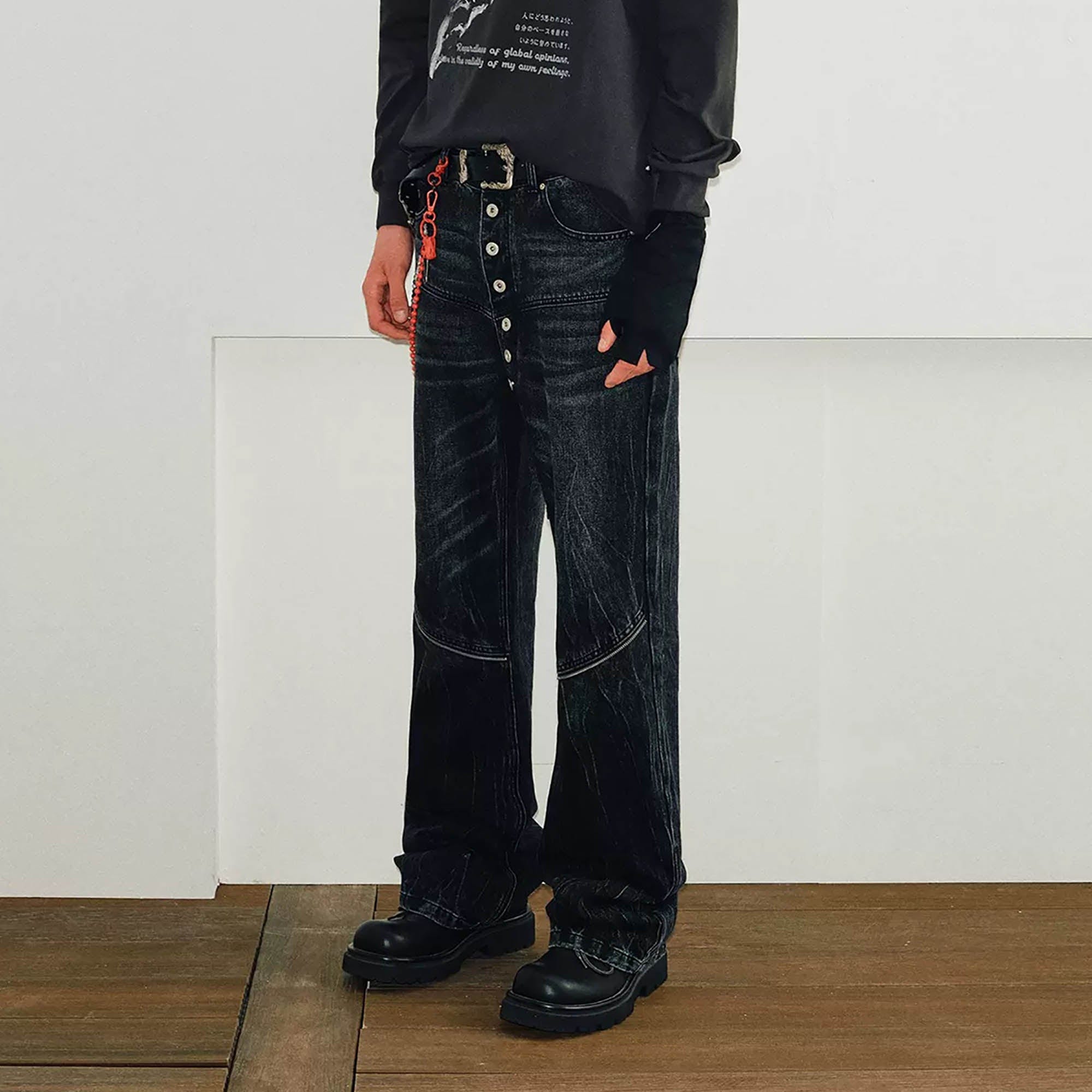 KREATE Arc Spliced Extended Button-Fly Jeans, premium urban and streetwear designers apparel on PROJECTISR.com, KREATE