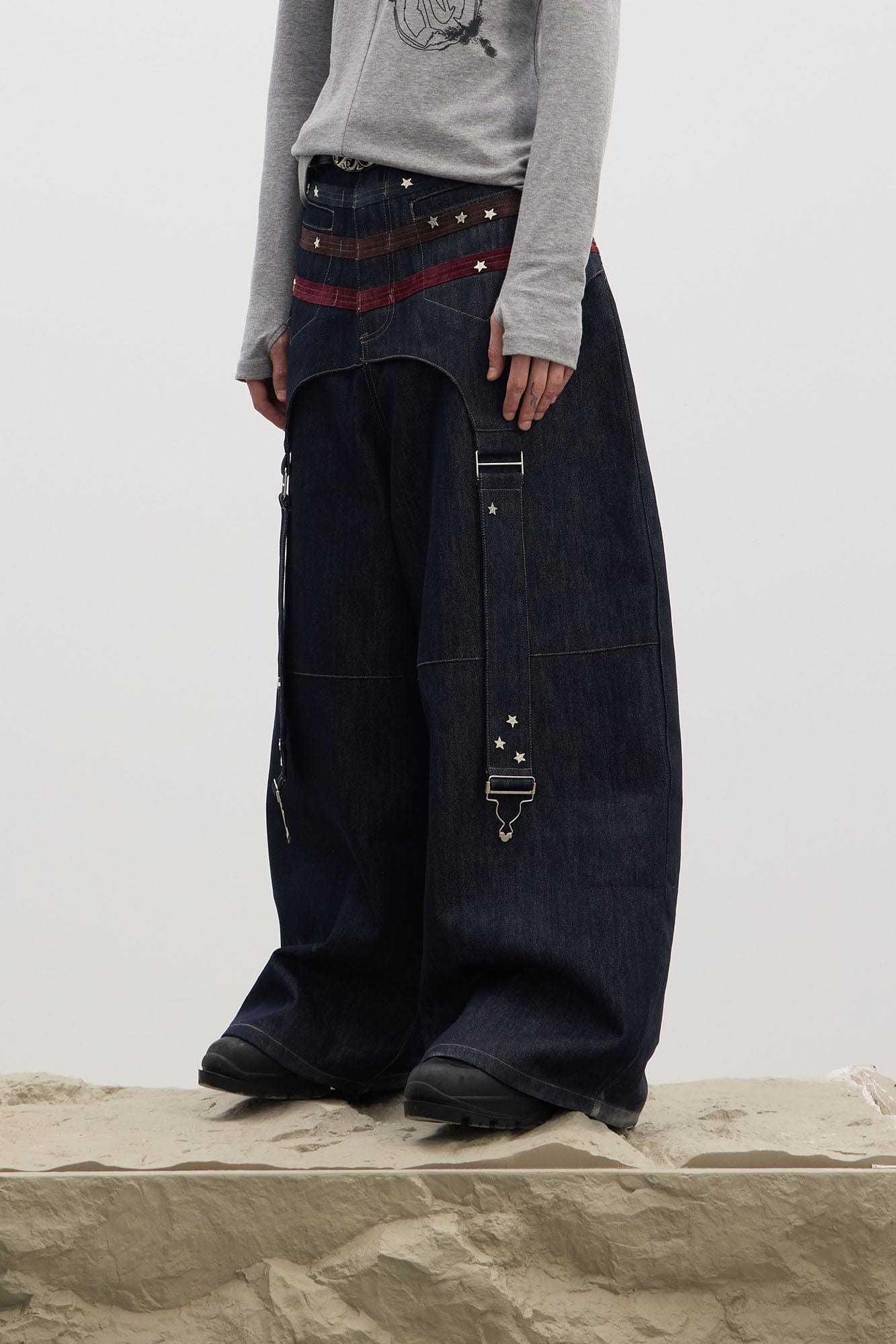 DND4DES Star-Rivet Harness-Layered Curved Jeans, premium urban and streetwear designers apparel on PROJECTISR.com, DND4DES