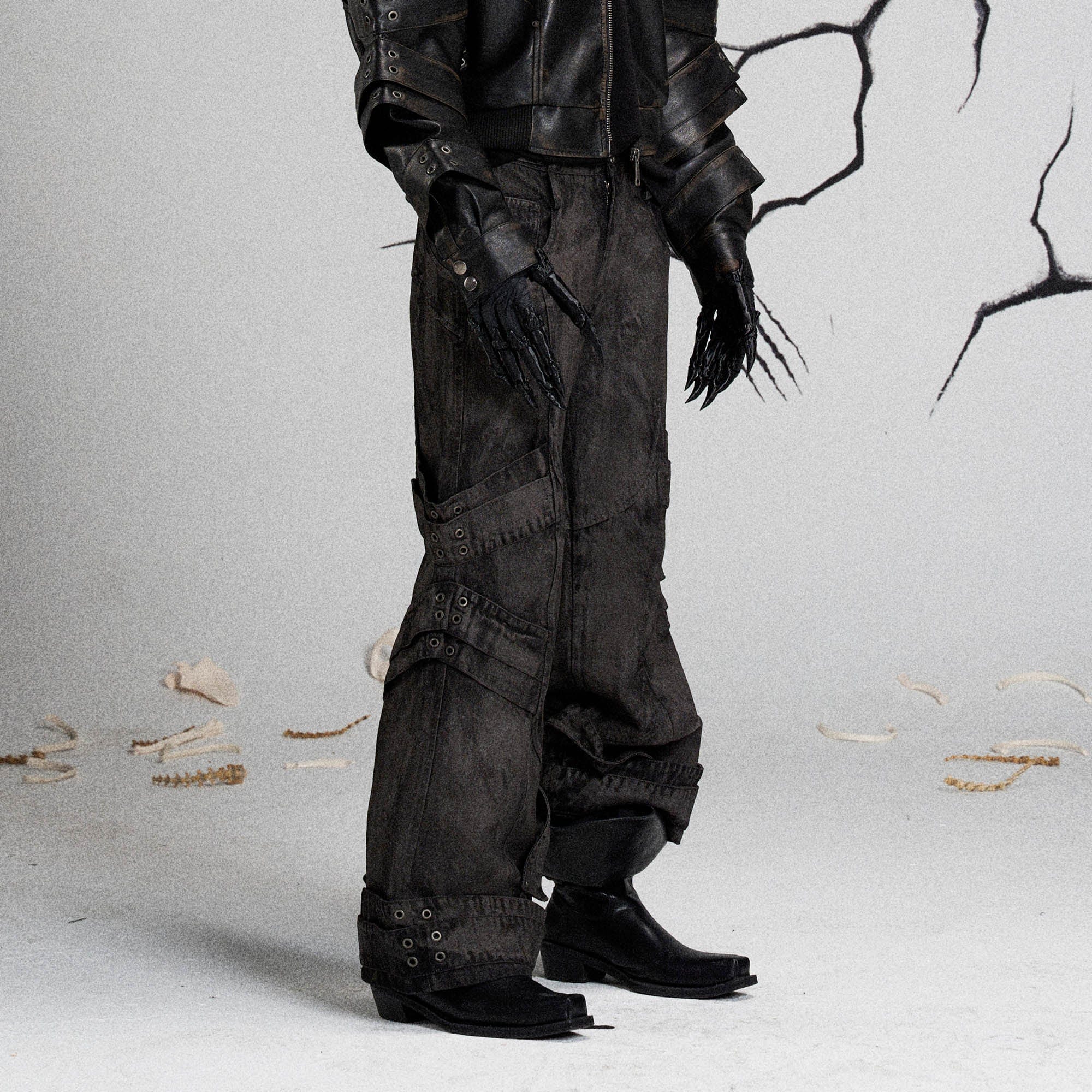FLYERRER Mutation Layered Strap Distressed Wide-Leg Pants, premium urban and streetwear designers apparel on PROJECTISR.com, FLYERRER