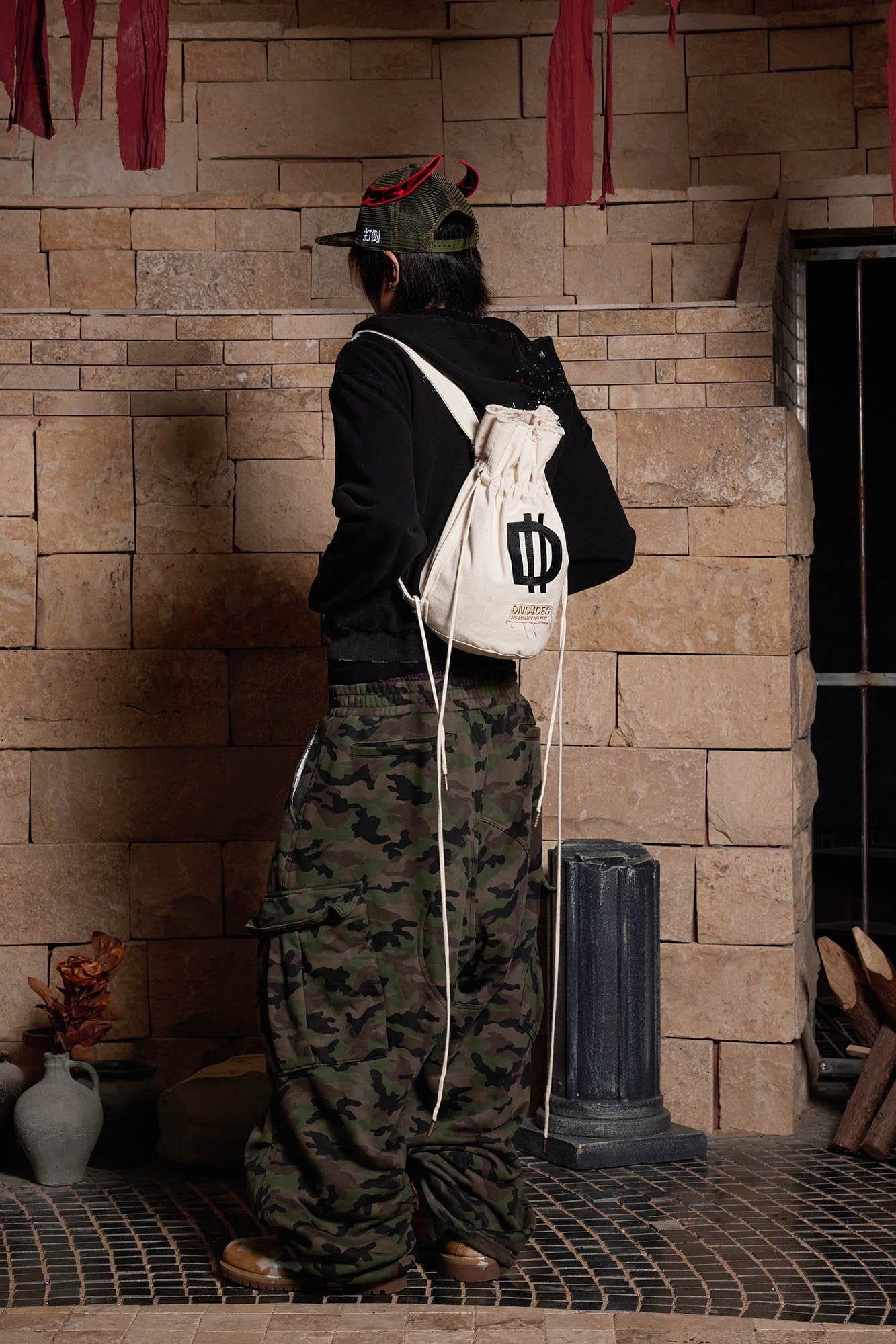 DND4DES LOGO Drawstring Bucket Backpack, premium urban and streetwear designers apparel on PROJECTISR.com, DND4DES