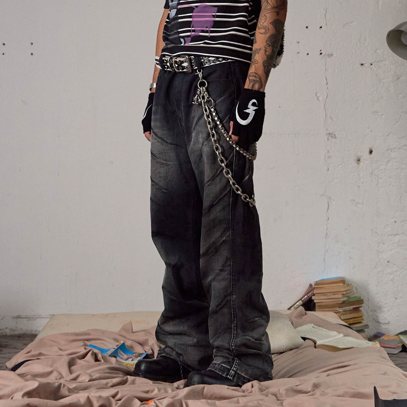 DND4DES Scratch Marks Distressed Flared Jeans Black, premium urban and streetwear designers apparel on PROJECTISR.com, DND4DES