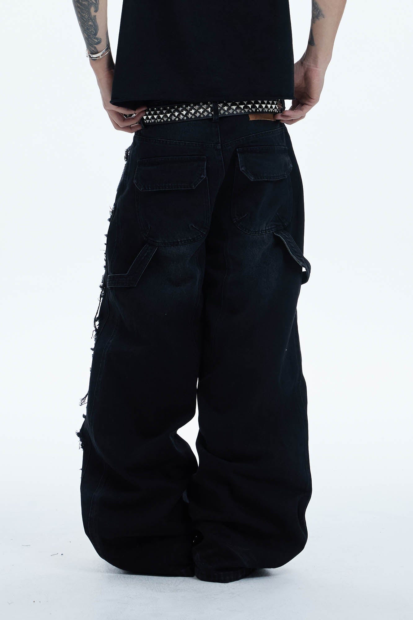 DND4DES Shredded Rivet-Paneled Baggy Jeans, premium urban and streetwear designers apparel on PROJECTISR.com, DND4DES