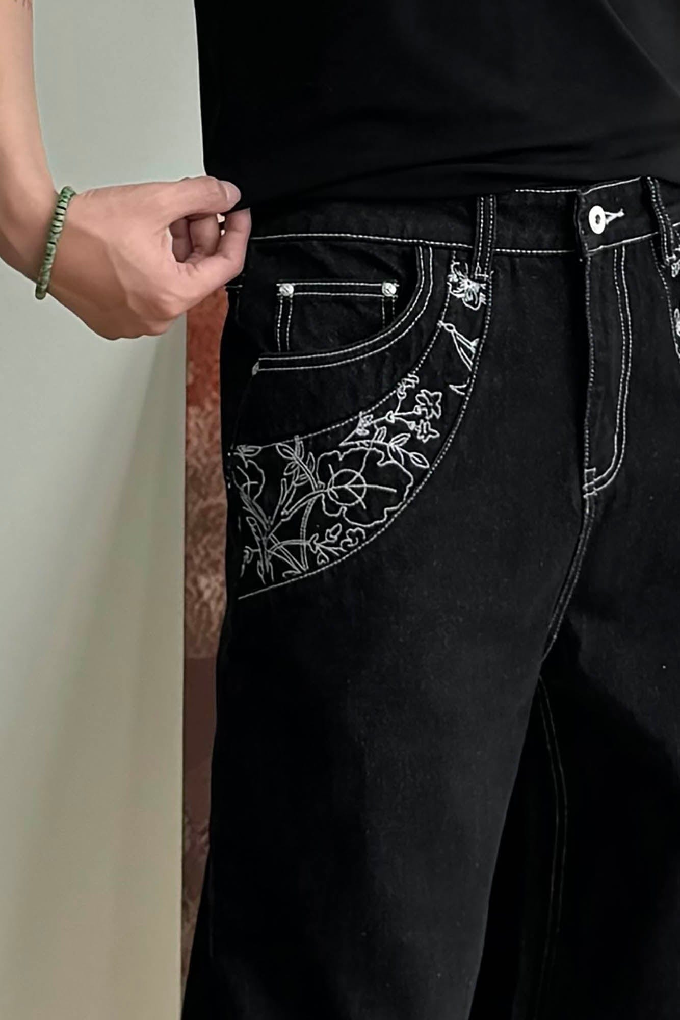 KREATE Floral Embroidered Spliced Wide-Leg Jeans, premium urban and streetwear designers apparel on PROJECTISR.com, KREATE