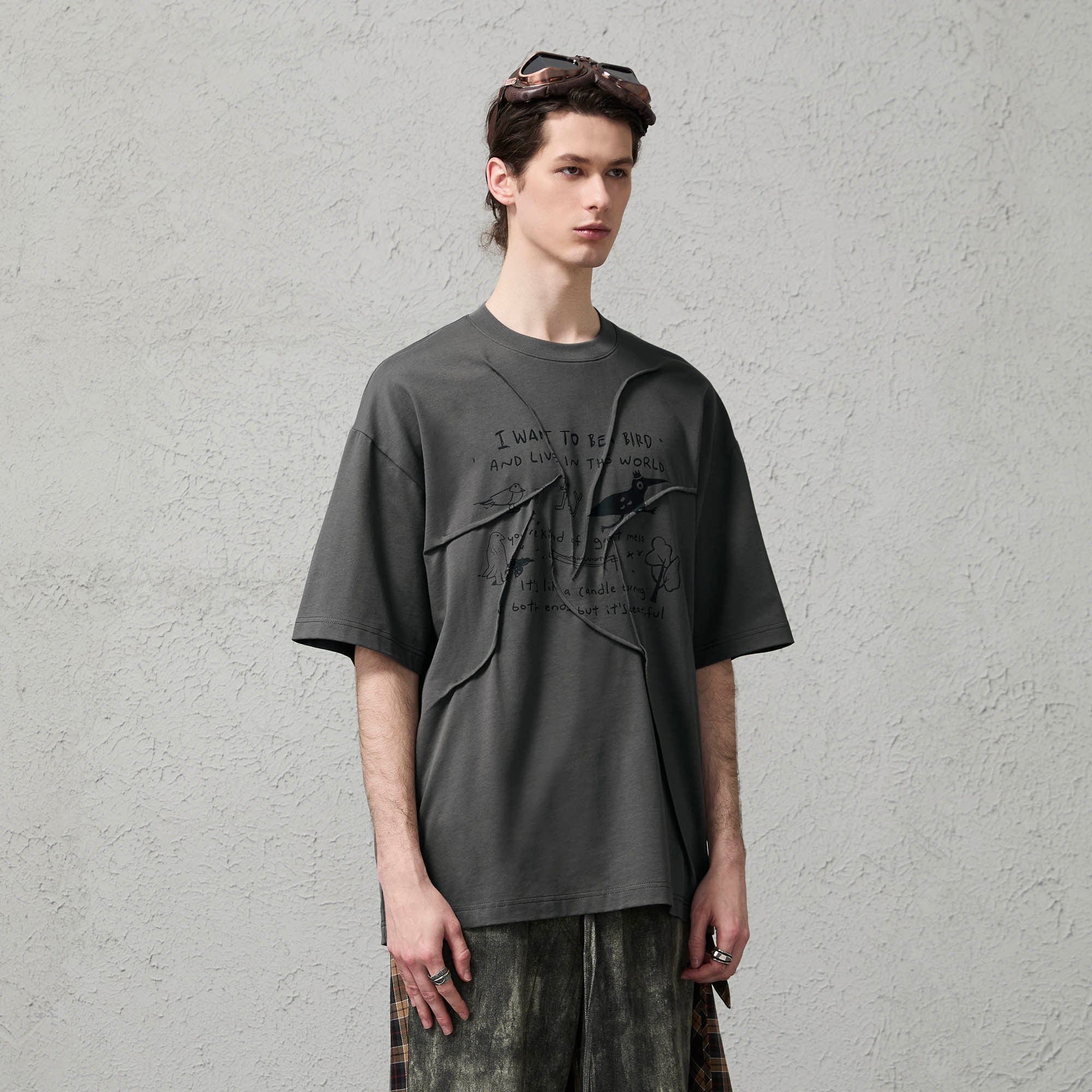 ORGANIC EMOTION Asymmetrical Pleated Script Graphic T-Shirt