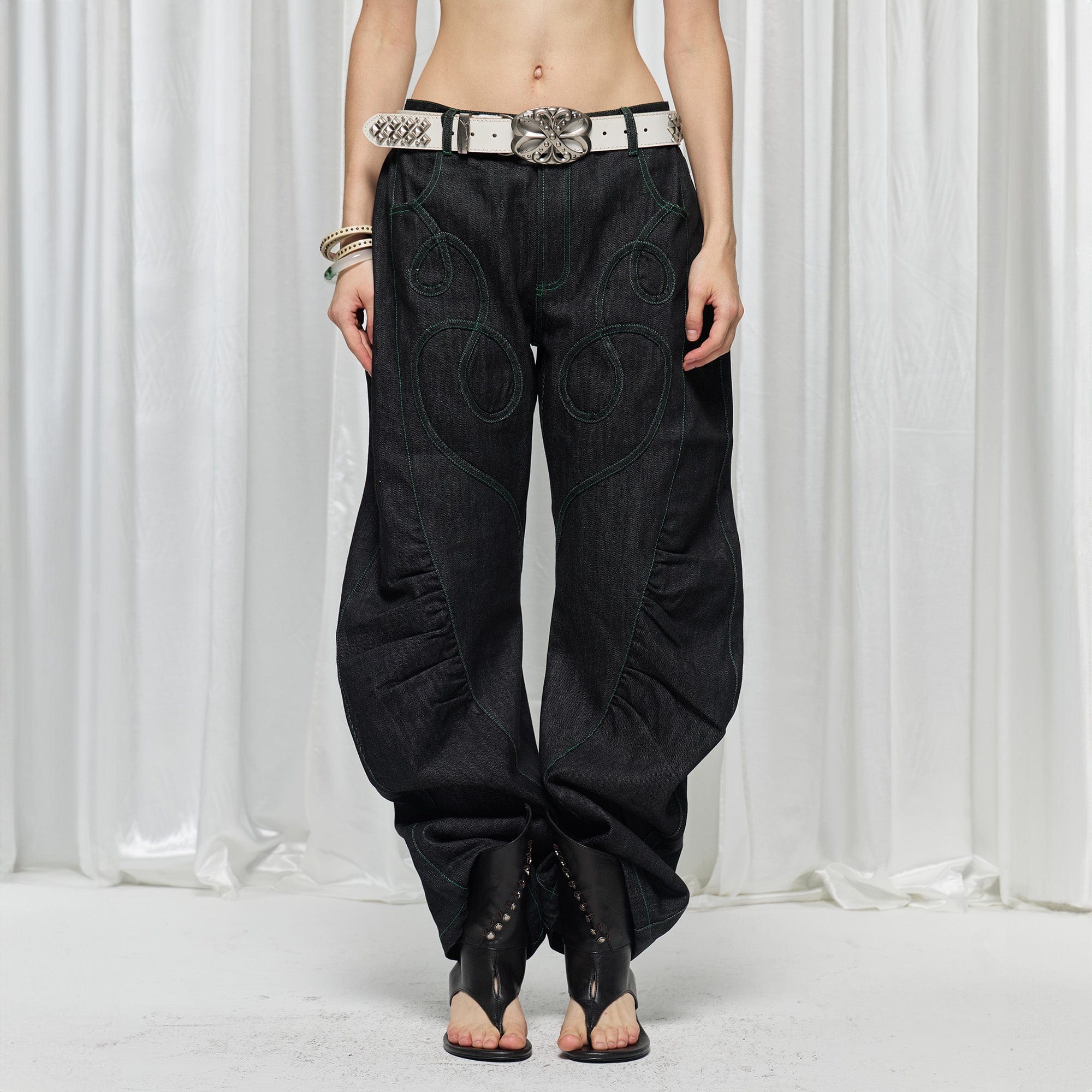 DND4DES×Faychui Spiral Patch Ruched Spliced Curved Jeans, premium urban and streetwear designers apparel on PROJECTISR.com, DND4DES