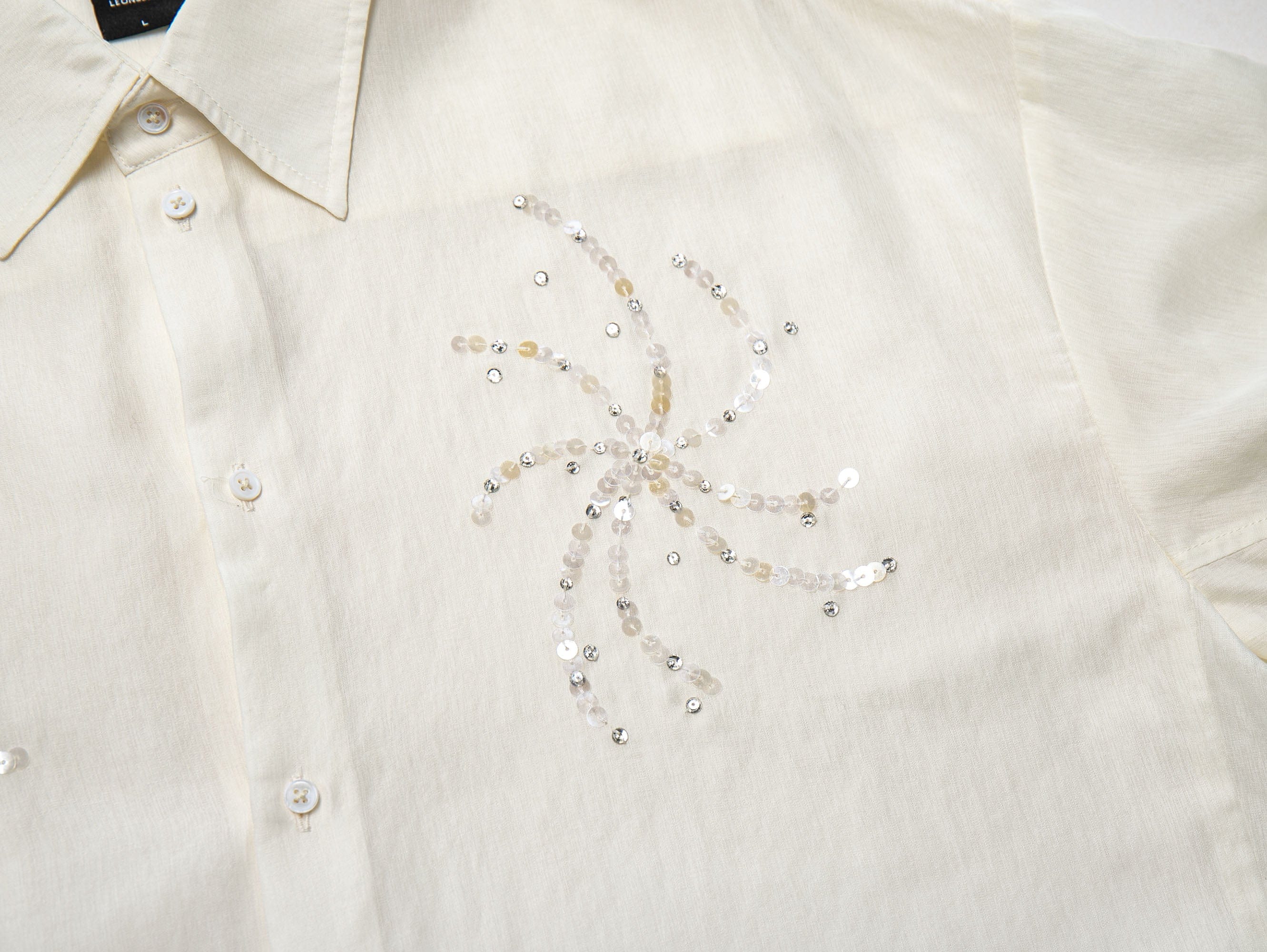 LEONSENSE Firework Embroidered Sequin Sheer Tencel Shirt, premium urban and streetwear designers apparel on PROJECTISR.com, LEONSENSE