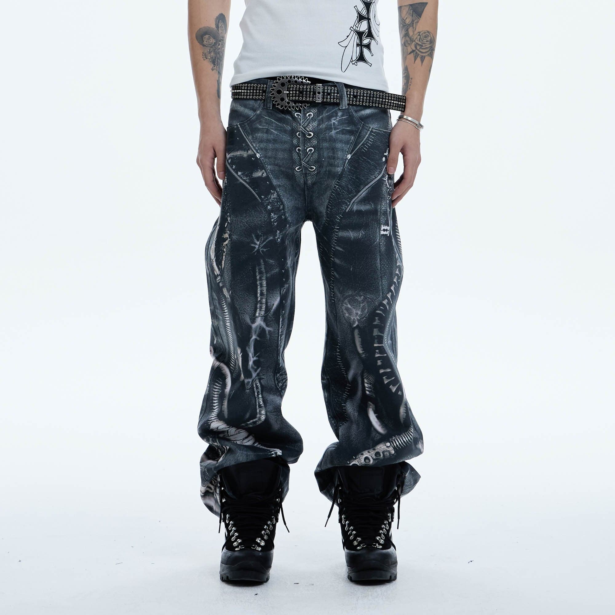 DND4DES Industrial Pipe Lace-Up Graphic Baggy Jeans, premium urban and streetwear designers apparel on PROJECTISR.com, DND4DES
