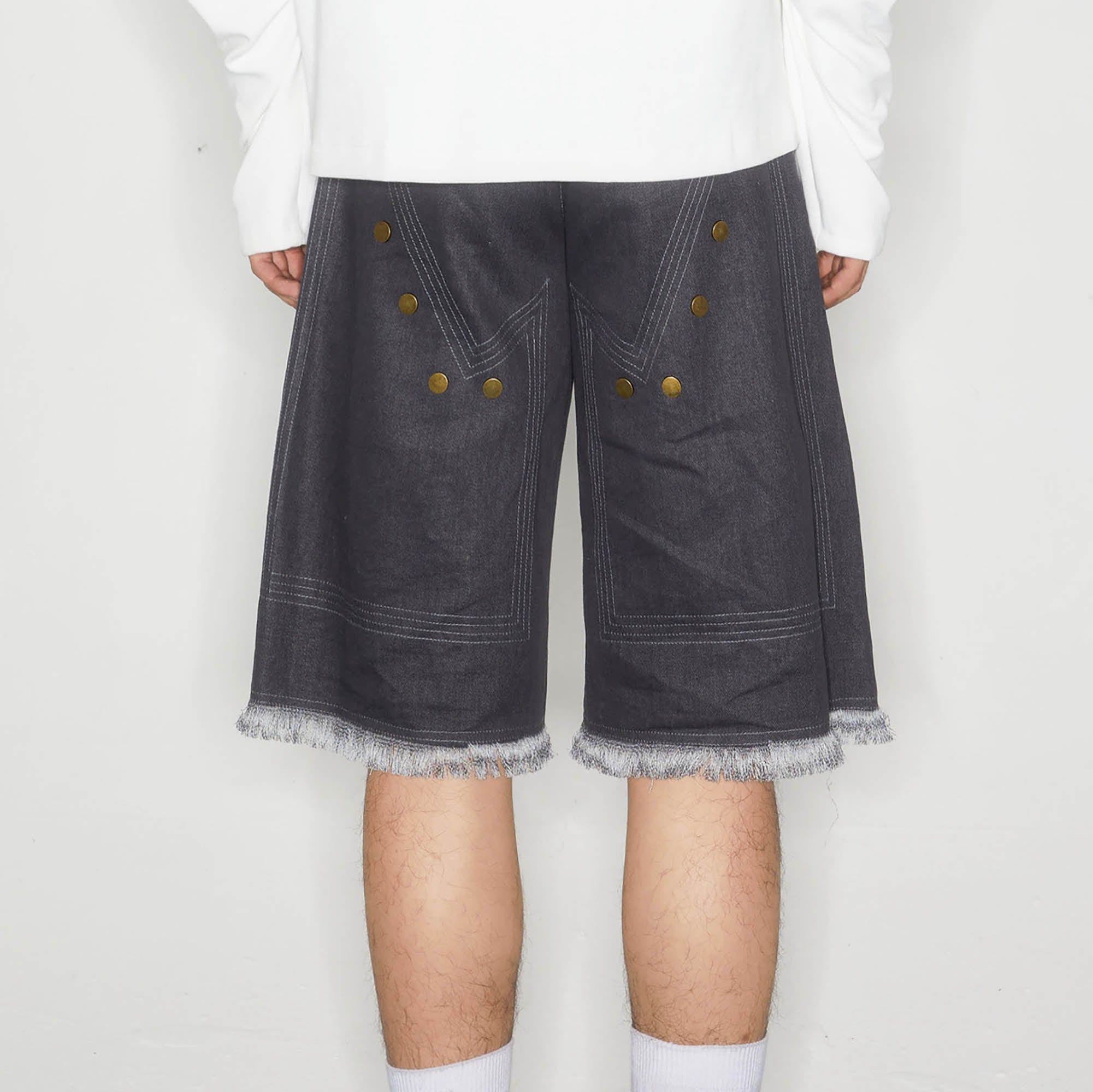 KADAKADA Rivet Raw Edge Shorts, premium urban and streetwear designers apparel on PROJECTISR.com, KADAKADA
