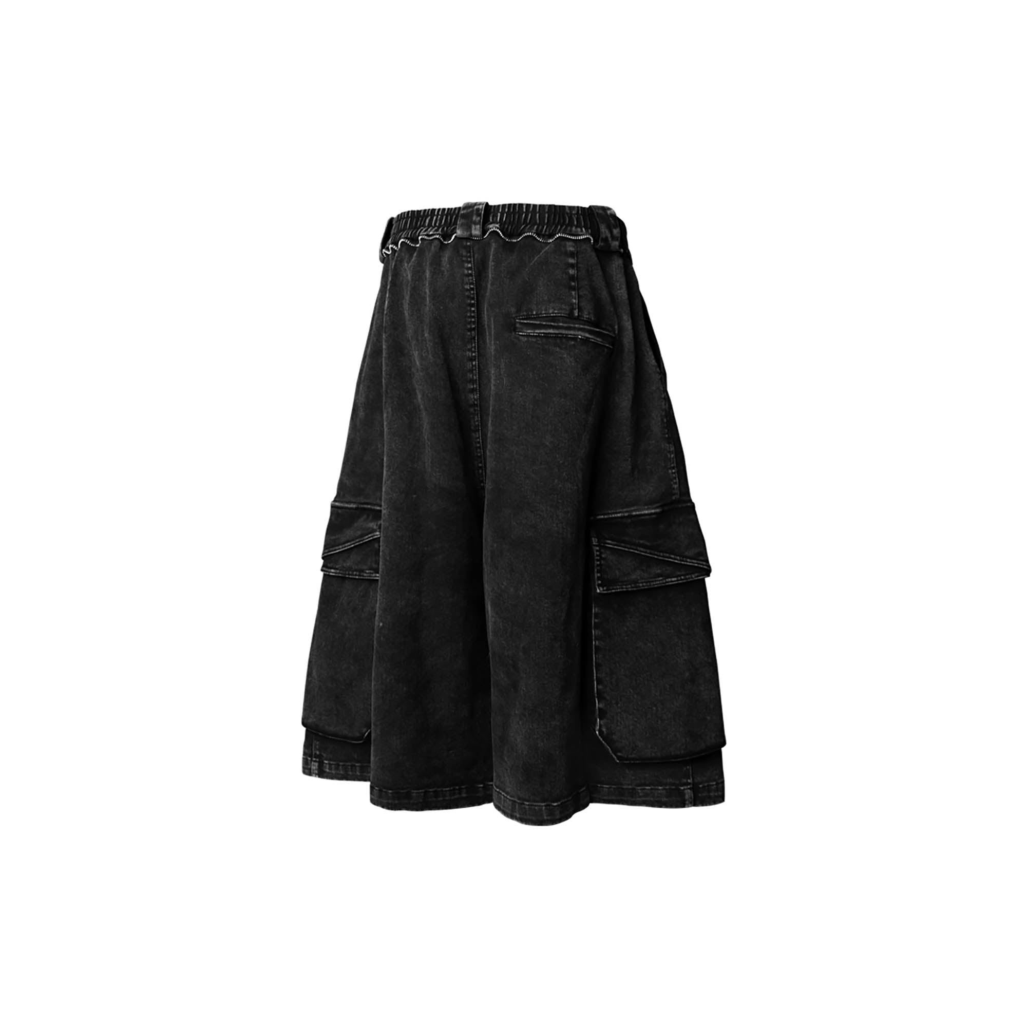 RELABEL Detachable Scarf Washed Multi-Pocket Wide-Leg Shorts Black, premium urban and streetwear designers apparel on PROJECTISR.com, RELABEL