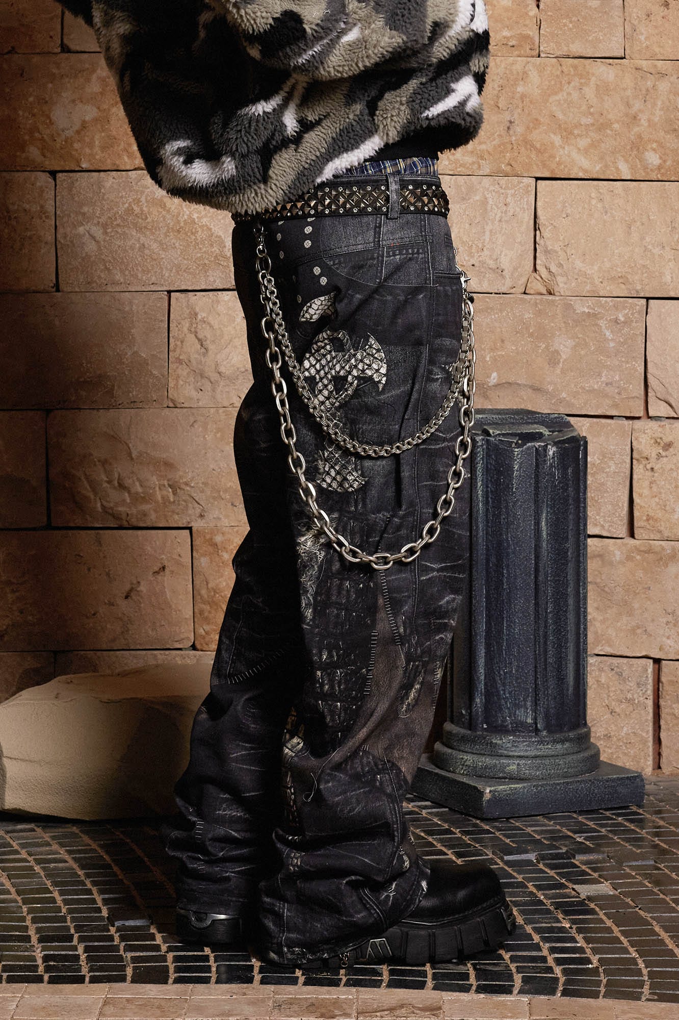 DND4DES Cross Crocodile Spliced Flared Jeans, premium urban and streetwear designers apparel on PROJECTISR.com, DND4DES