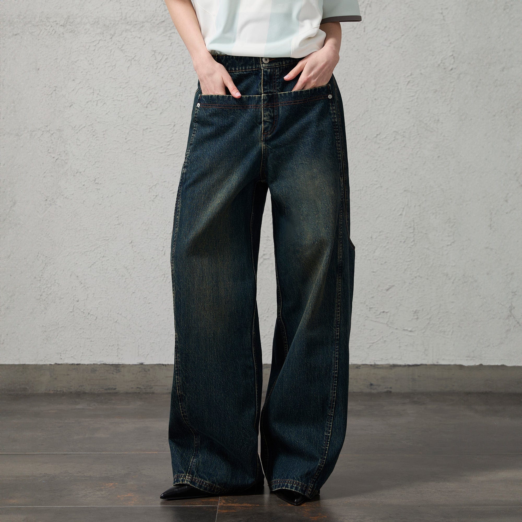 ORGANIC EMOTION Big-Pocket Paneled Wide-Leg Jeans, premium urban and streetwear designers apparel on PROJECTISR.com, ORGANIC EMOTION