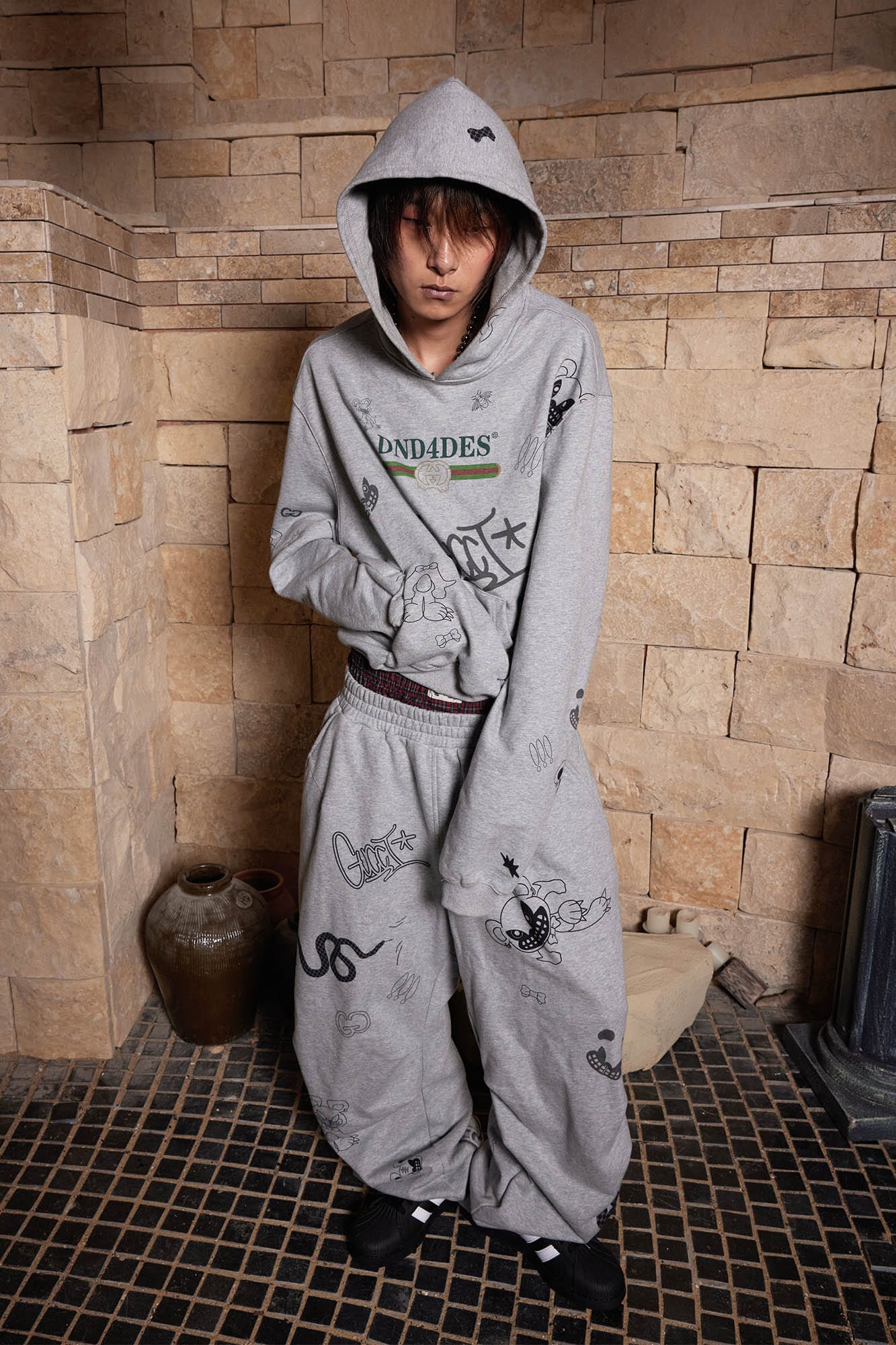DND4DES Graffiti Crinkled Wide-Leg Sweatpants, premium urban and streetwear designers apparel on PROJECTISR.com, DND4DES
