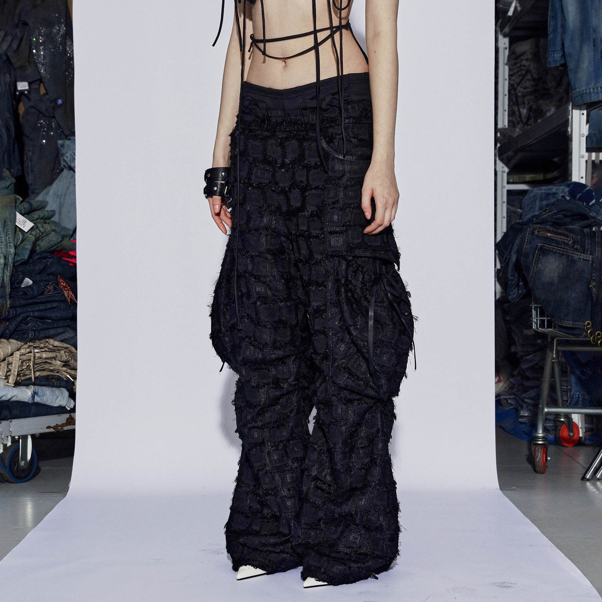 DND4DESxFaychui Fuzzy Grid Multi-Pocket Low-Rise Pants, premium urban and streetwear designers apparel on PROJECTISR.com, DND4DES