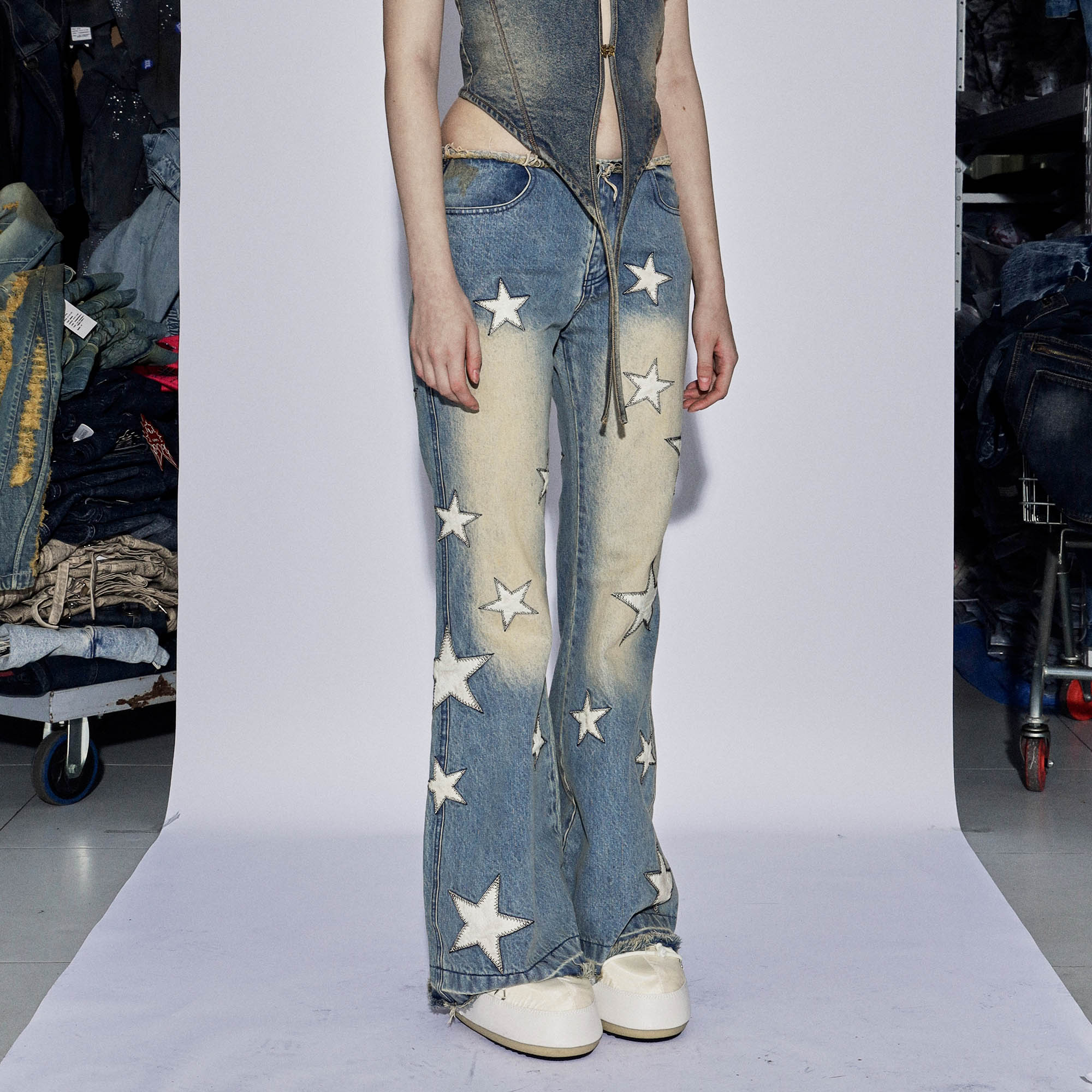 DND4DESxFaychui Starry Bleached Low-Rise Flared Jeans, premium urban and streetwear designers apparel on PROJECTISR.com, DND4DES