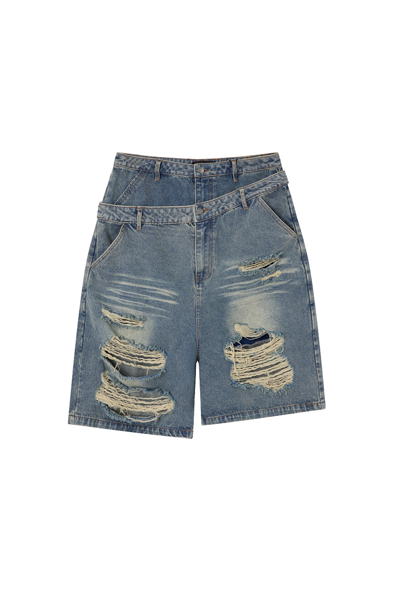CLP Distressed Double-Waist Denim Shorts