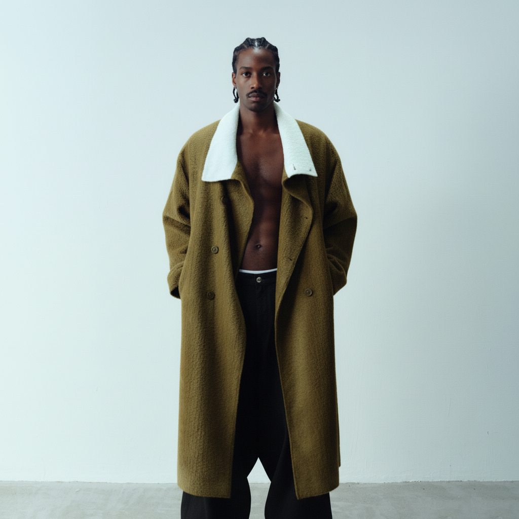 KADAKADA Double-Breasted Contrast Fuzzy Collar Overcoat