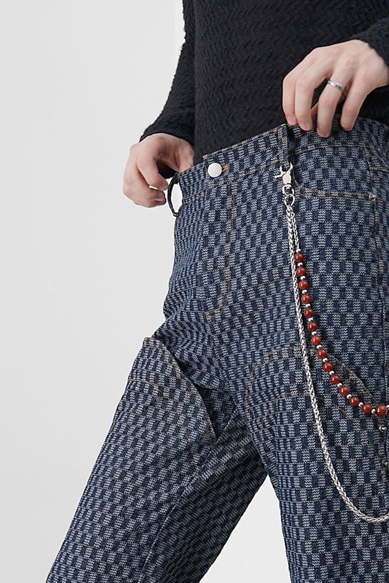 ASSEEN Checkerboard Knee Paneled Flared Jeans, premium urban and streetwear designers apparel on PROJECTISR.com, ASSEEN