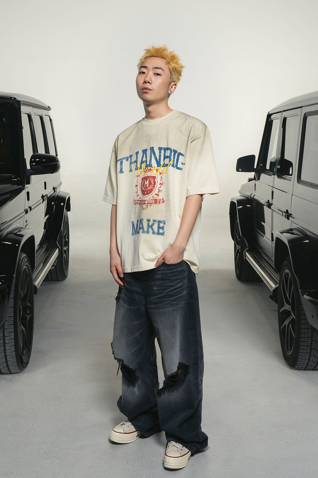 MAKEMORE Retro Distressed Gradient Graphics Oversized T-Shirt, premium urban and streetwear designers apparel on PROJECTISR.com, MAKEMORE