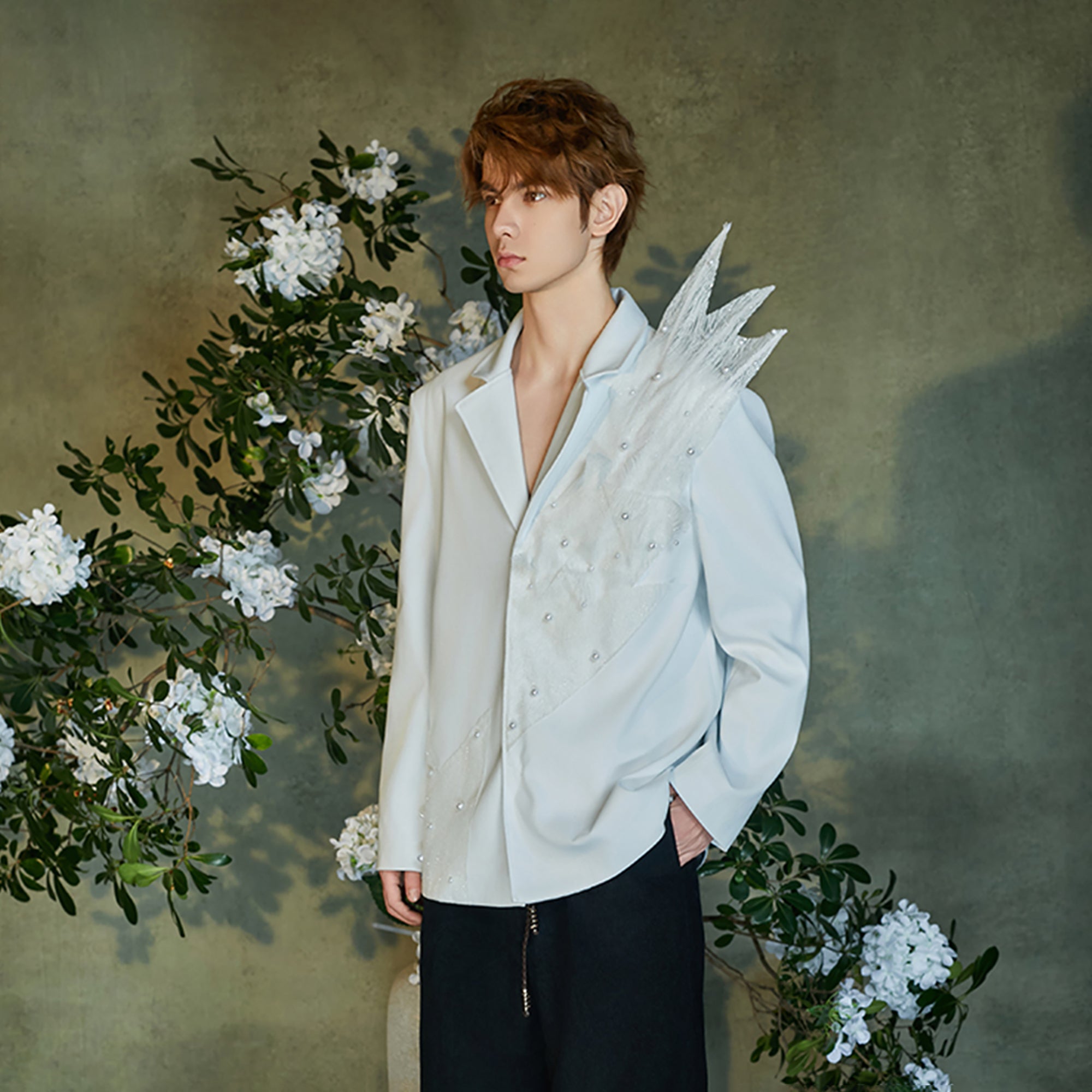 JIECHI Pearl-Embellished Sheer Feather Blazer